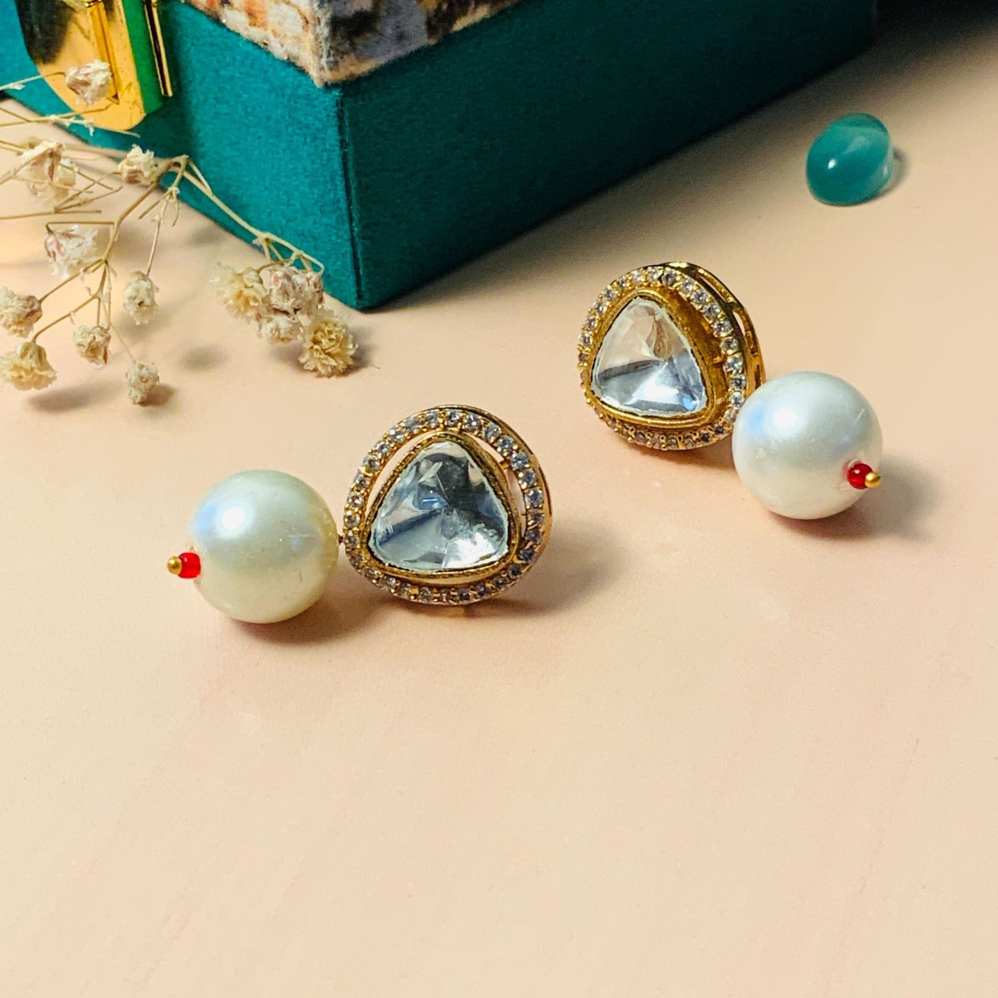 Elegant Pearl Glass Kundan Polki Studs - Abdesignsjewellery