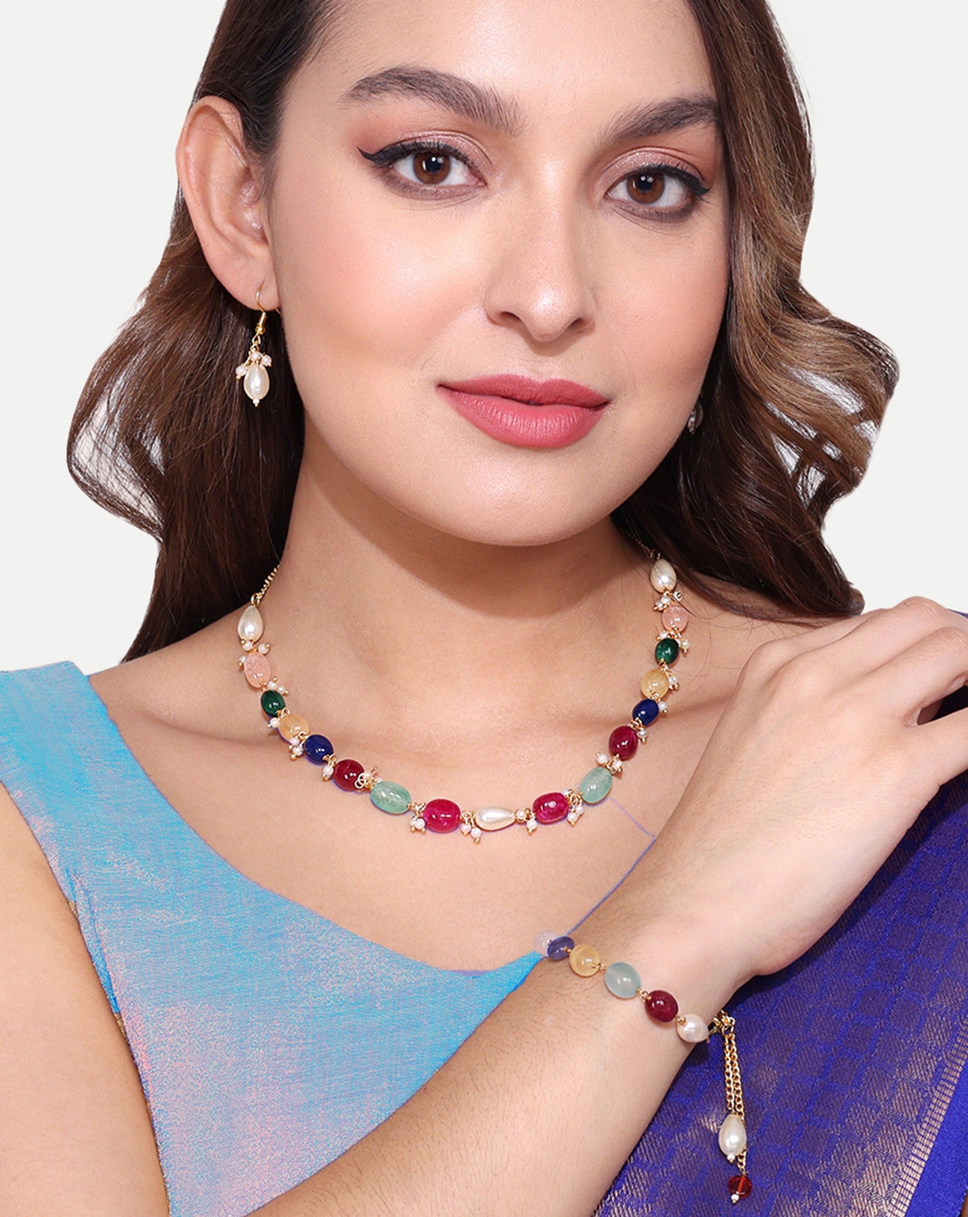 Multicolour Beads Necklace Earrings Bracelet Party Combo