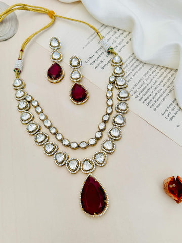 Luxurious Gold Plated Polki Layered Ruby Bridal Necklace