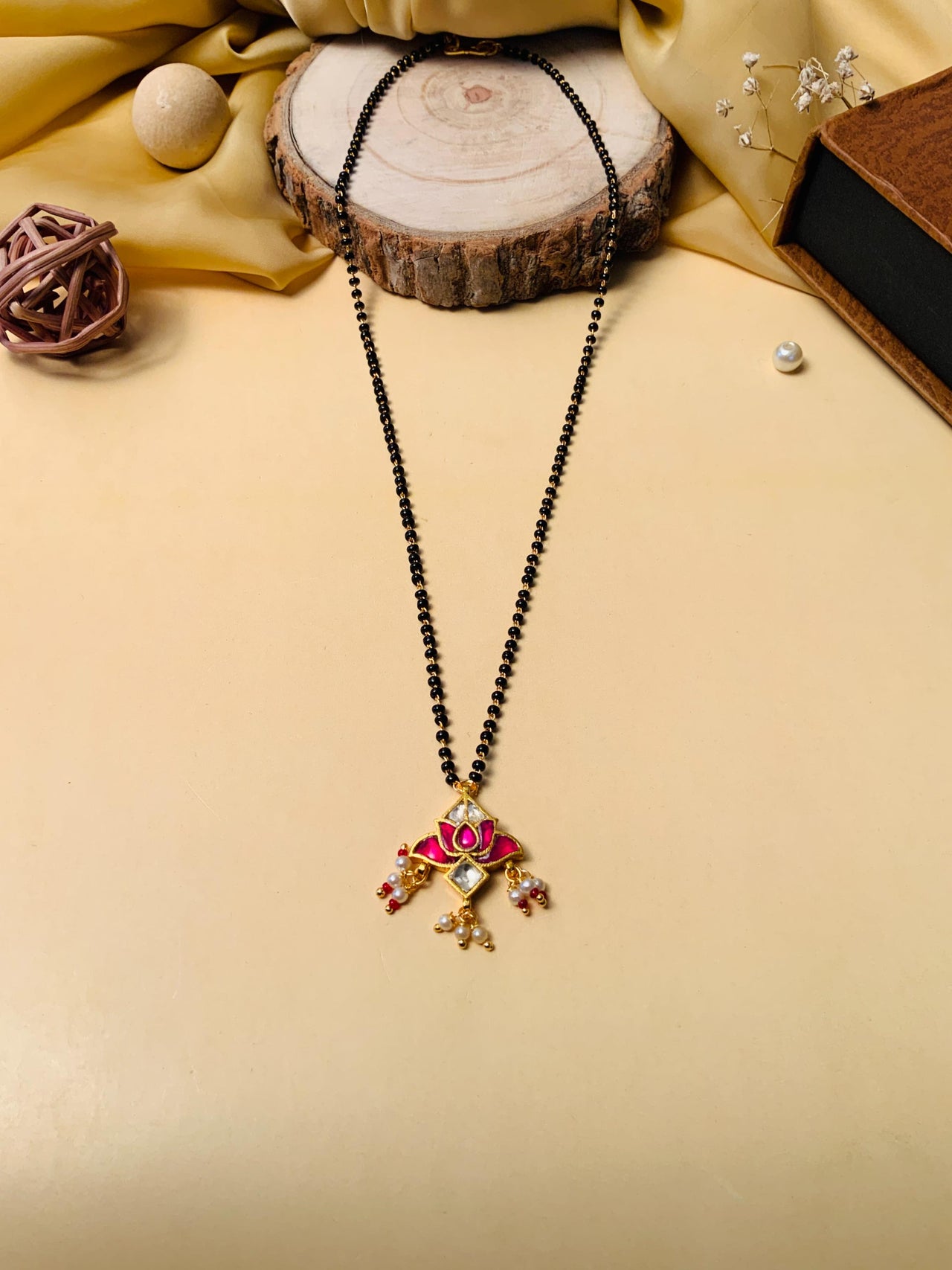 Dazzling Lotus Gold Plated Pachi Kundan Pearl Drop Mangalsutra - Abdesignsjewellery