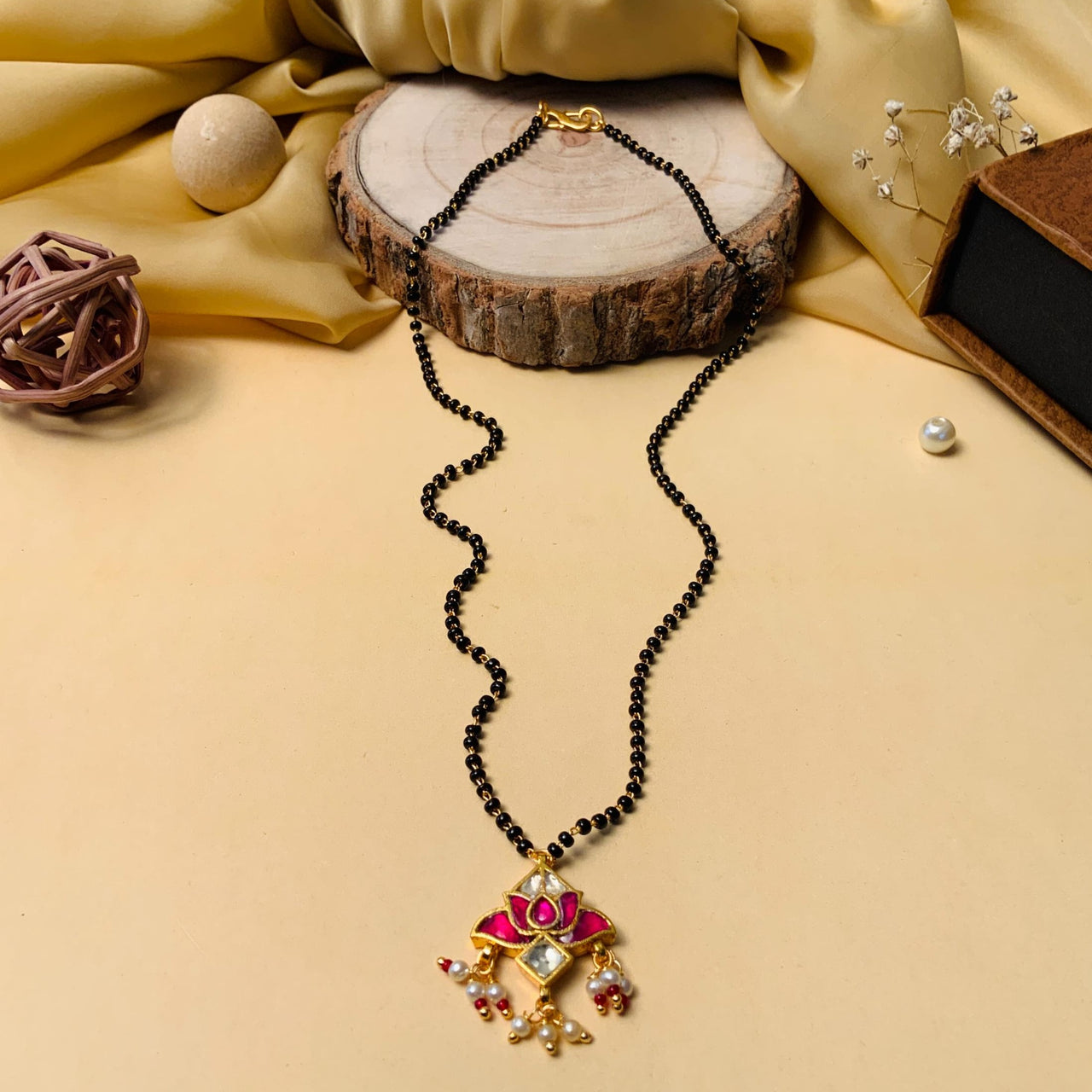 Dazzling Lotus Gold Plated Pachi Kundan Pearl Drop Mangalsutra - Abdesignsjewellery