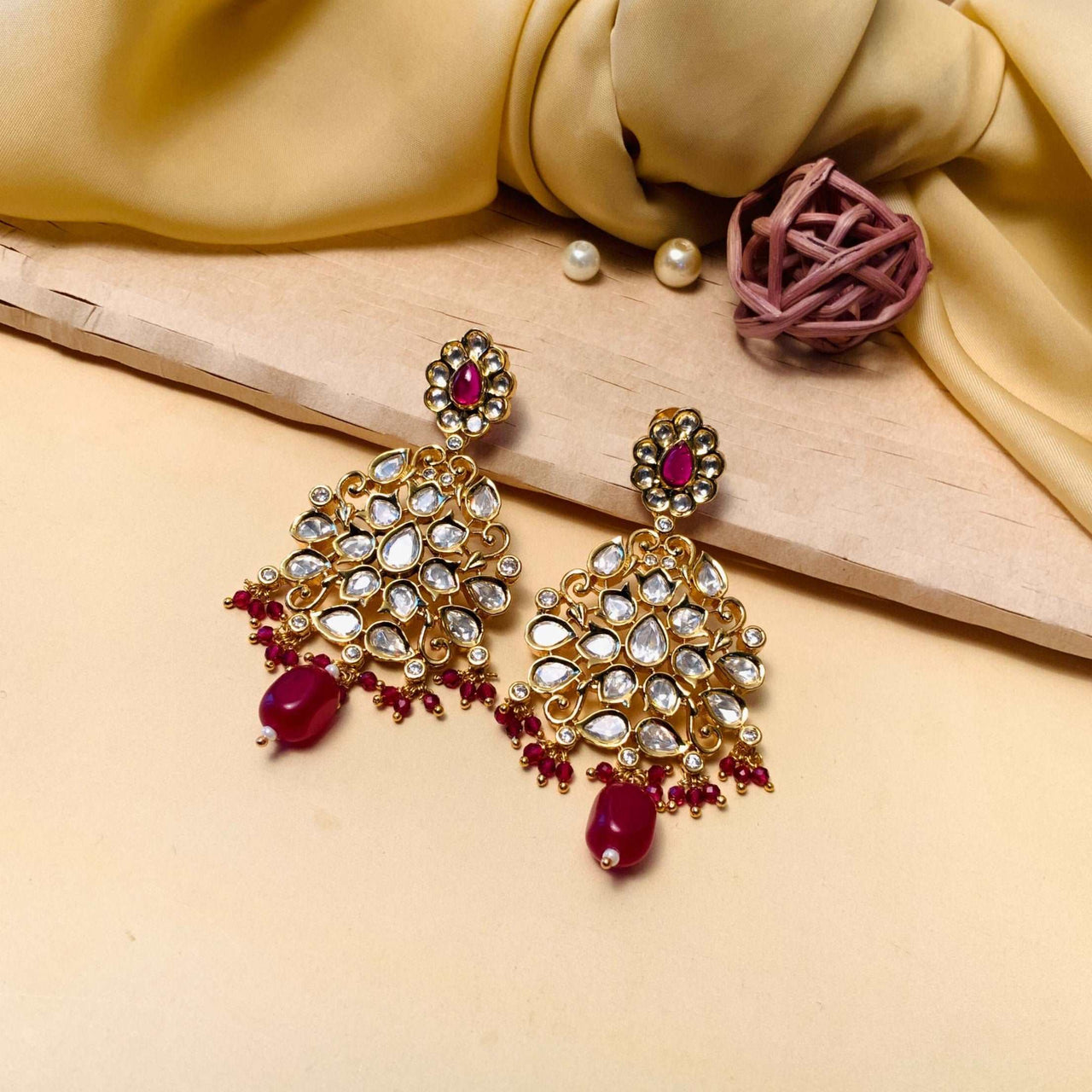 Aesthetic Gold Plated Red Stone Dangler Earrings - Abdesignsjewellery