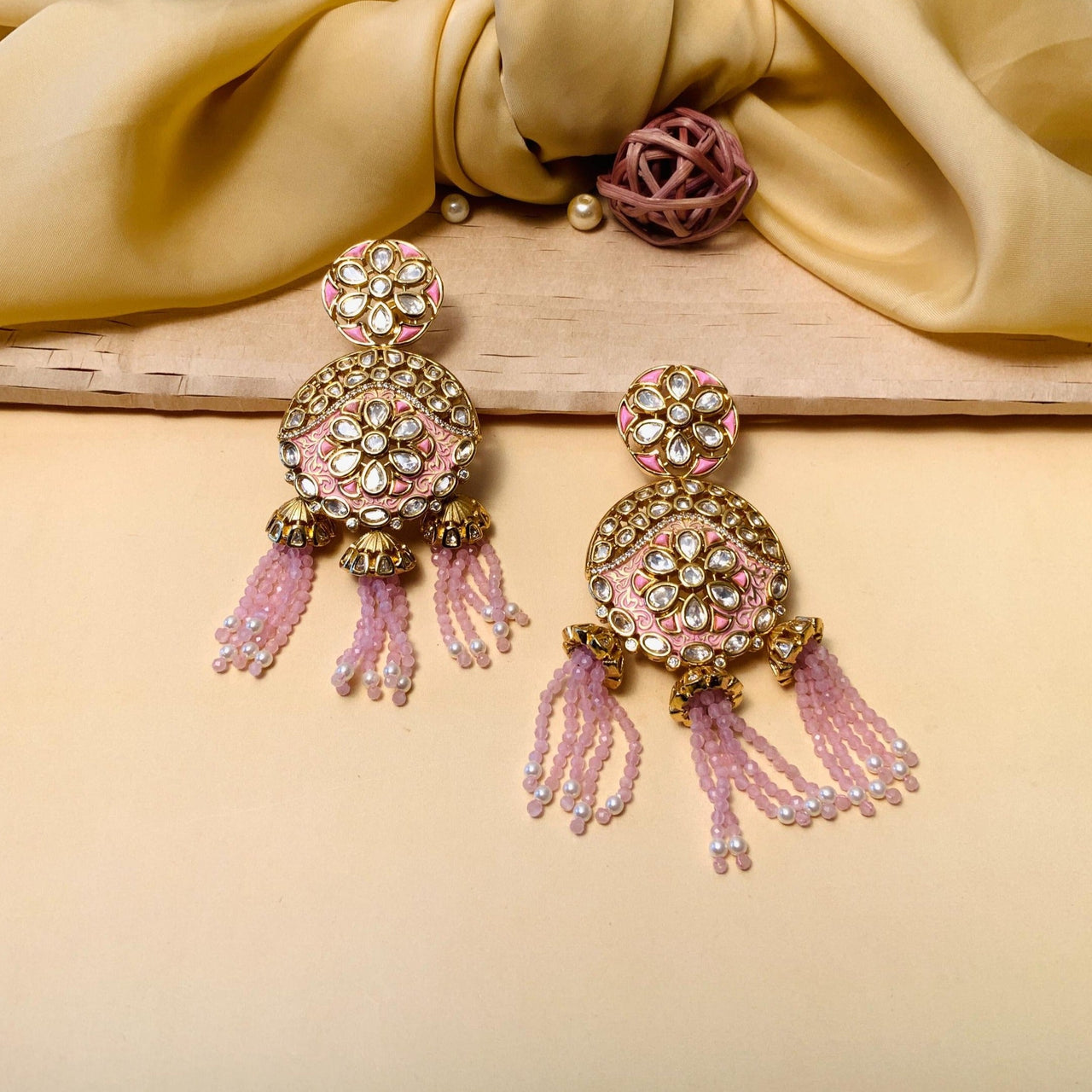 Gold Plated Meenakari & Kundan Beaded Chain Drop Earrings - Abdesignsjewellery