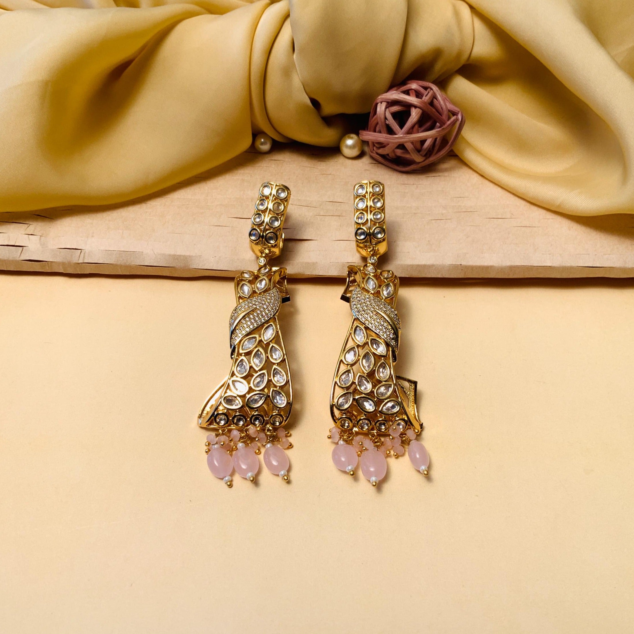 Gold Finish Light Pink Drops Kundan Earrings - Abdesignsjewellery