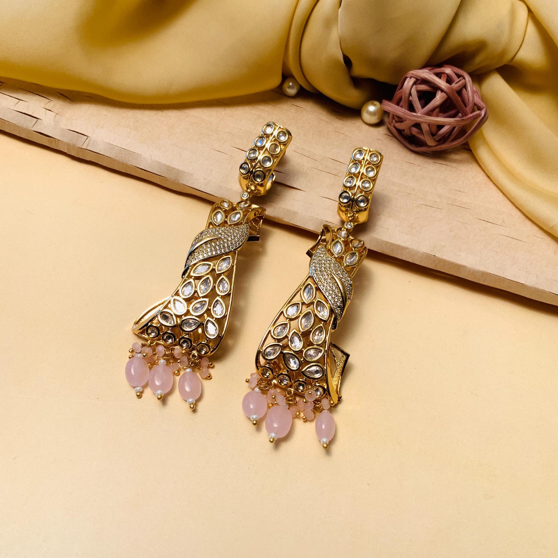 Gold Finish Light Pink Drops Kundan Earrings - Abdesignsjewellery