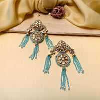 Thumbnail for Pleasing Gold Plated Sky Blue Beads Kundan Earrings