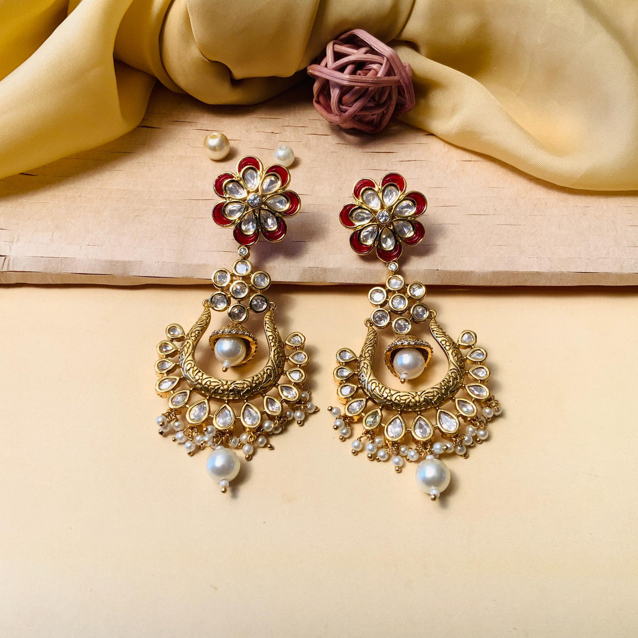 Blooming Flora Gold Plated Kundan Meenakari Earrings - Abdesignsjewellery