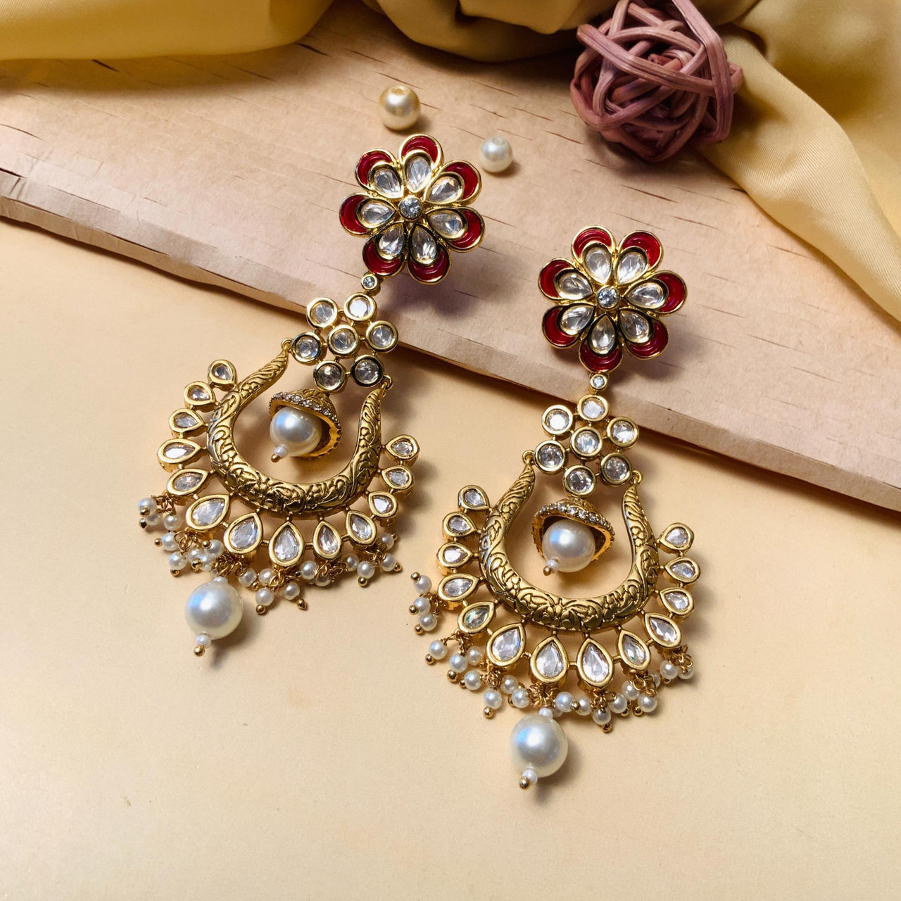 Blooming Flora Gold Plated Kundan Meenakari Earrings - Abdesignsjewellery