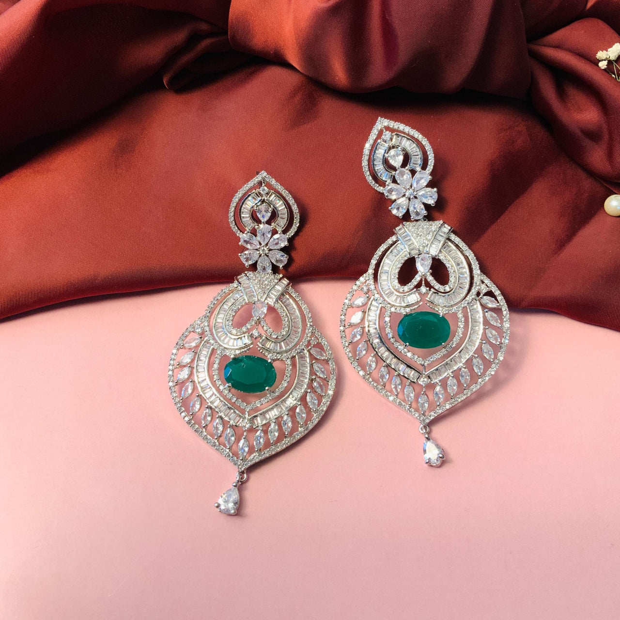 Endearing Silver Finish Emerald American Diamond Dangler Earrings - Abdesignsjewellery