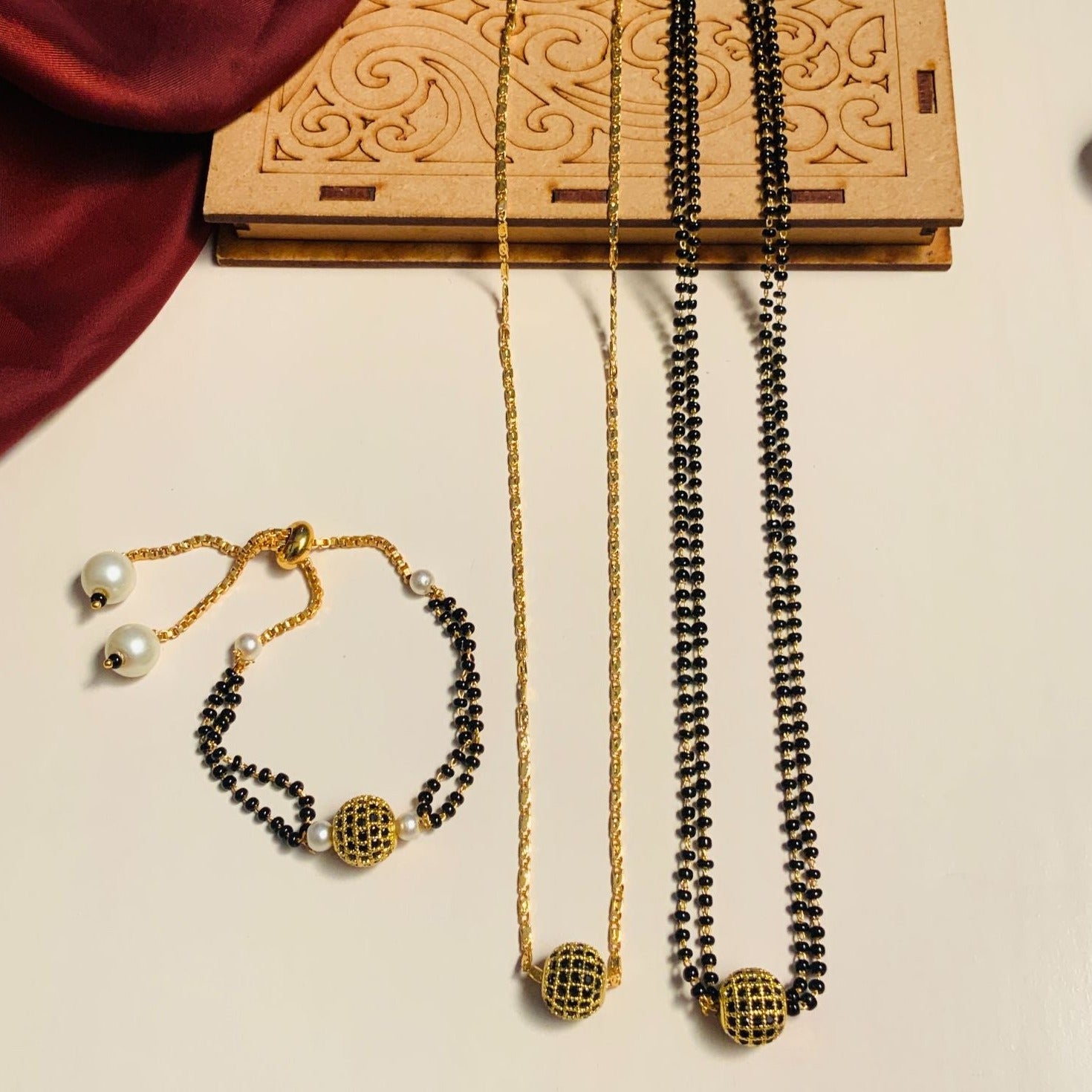 Black Ball Gold Plated American Diamond Mangalsutra Combo - Abdesignsjewellery