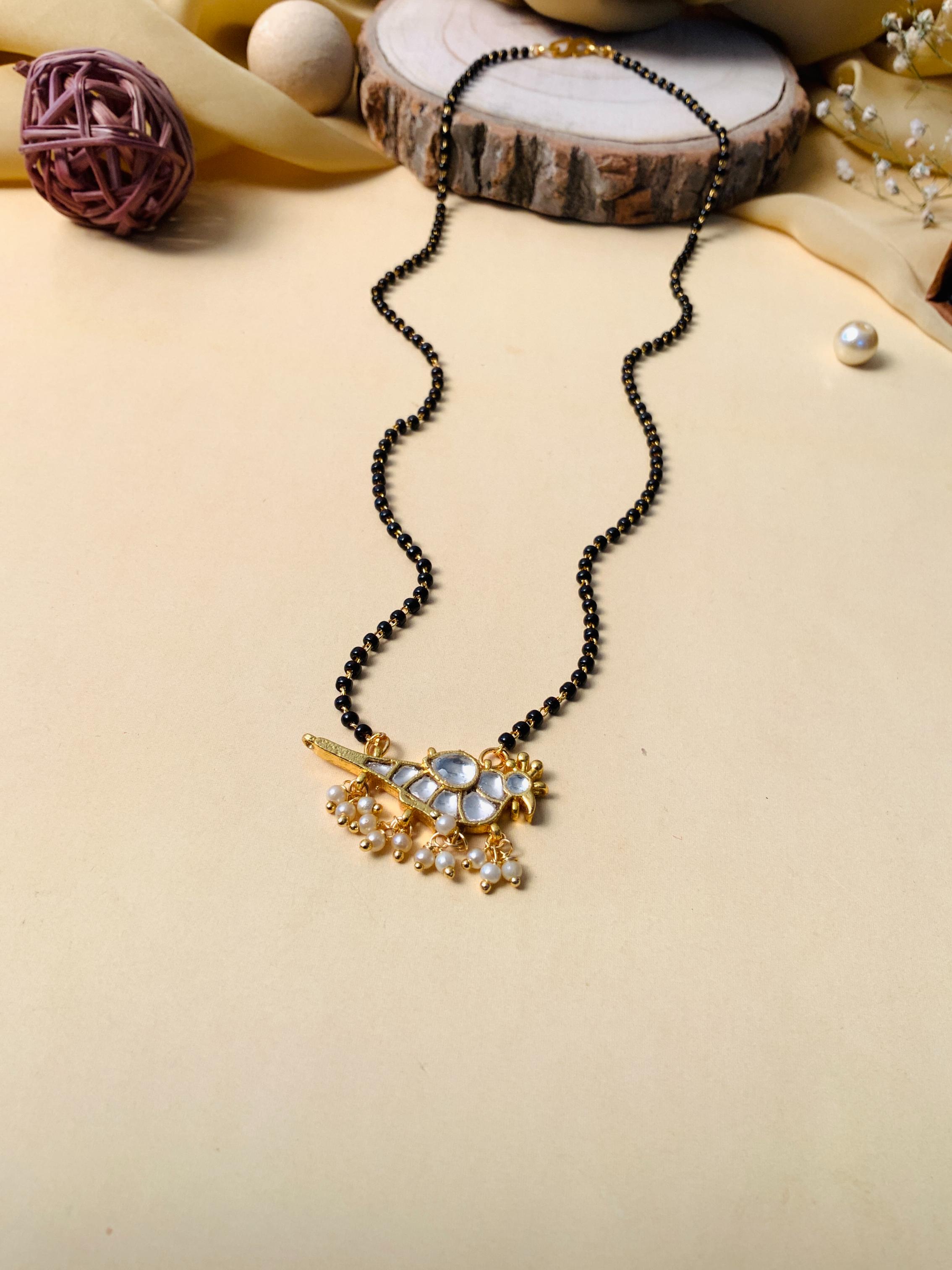 Ethnic Gold Plated Parrot Pachi Kundan Polki Pearl Drop Mangalsutra - Abdesignsjewellery