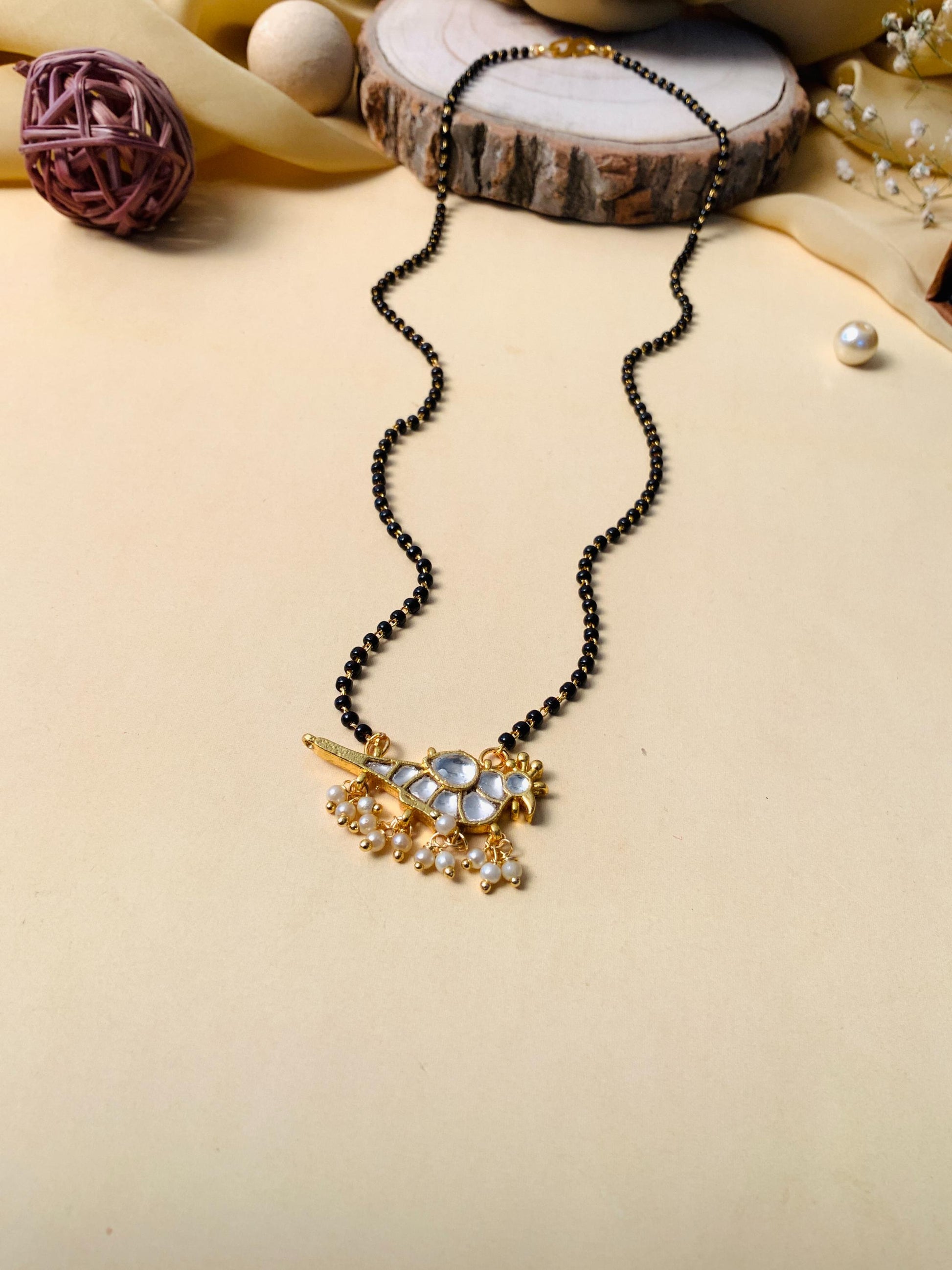 Ethnic Gold Plated Parrot Pachi Kundan Polki Pearl Drop Mangalsutra - Abdesignsjewellery