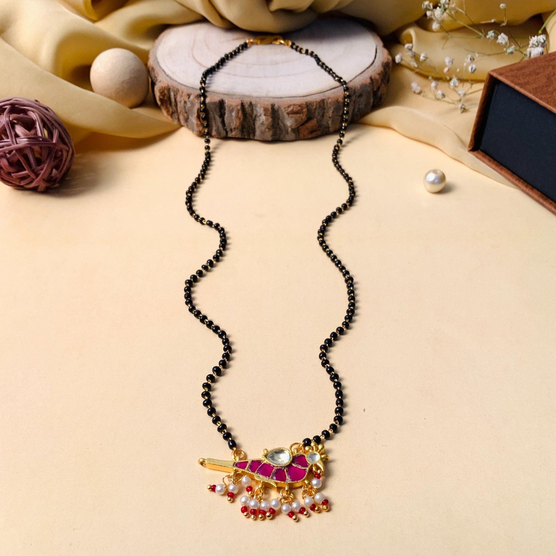Ethnic Gold Plated Parrot Pachi Kundan Polki Pearl Drop Mangalsutra - Abdesignsjewellery
