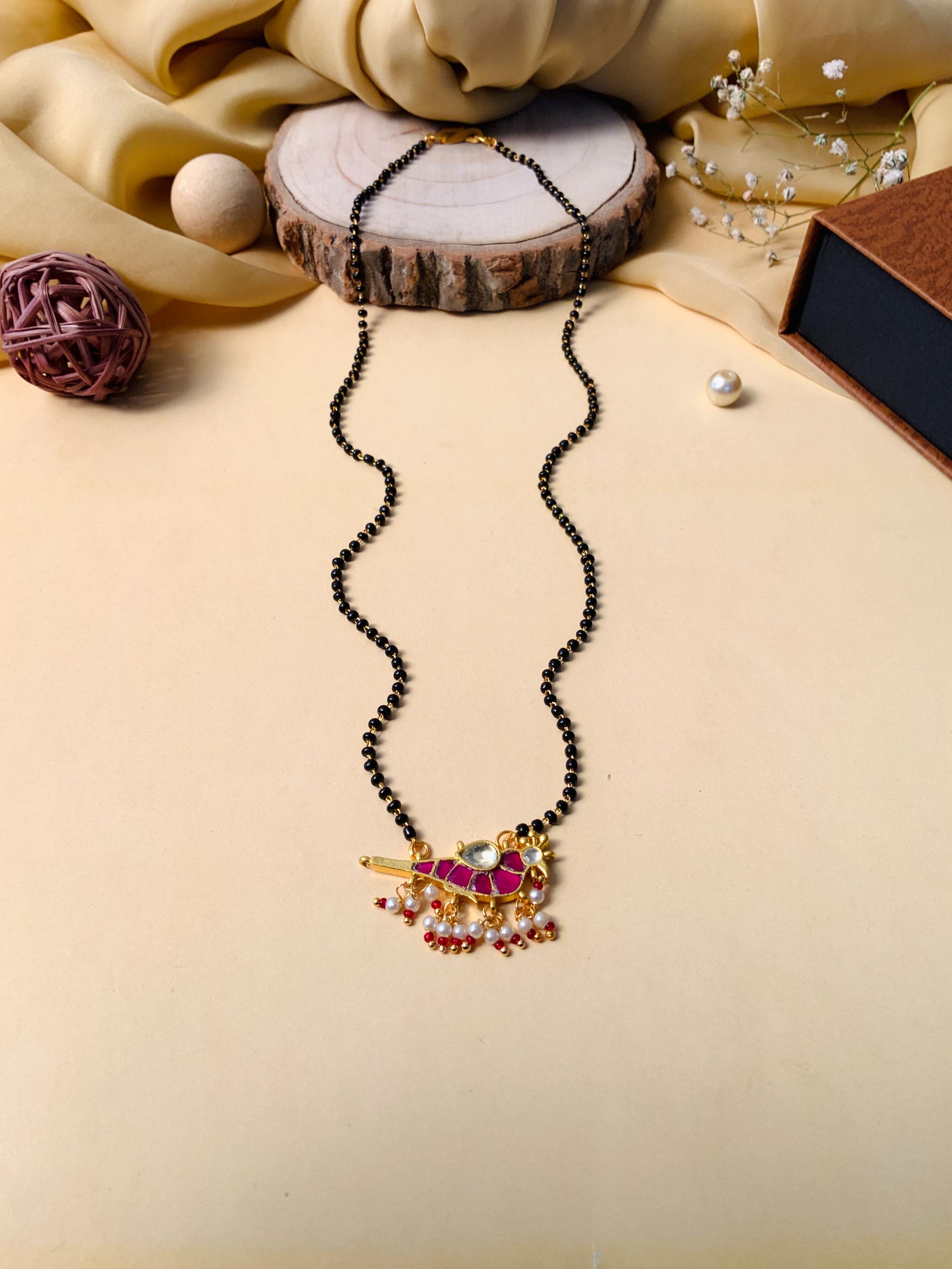 Ethnic Gold Plated Parrot Pachi Kundan Polki Pearl Drop Mangalsutra - Abdesignsjewellery