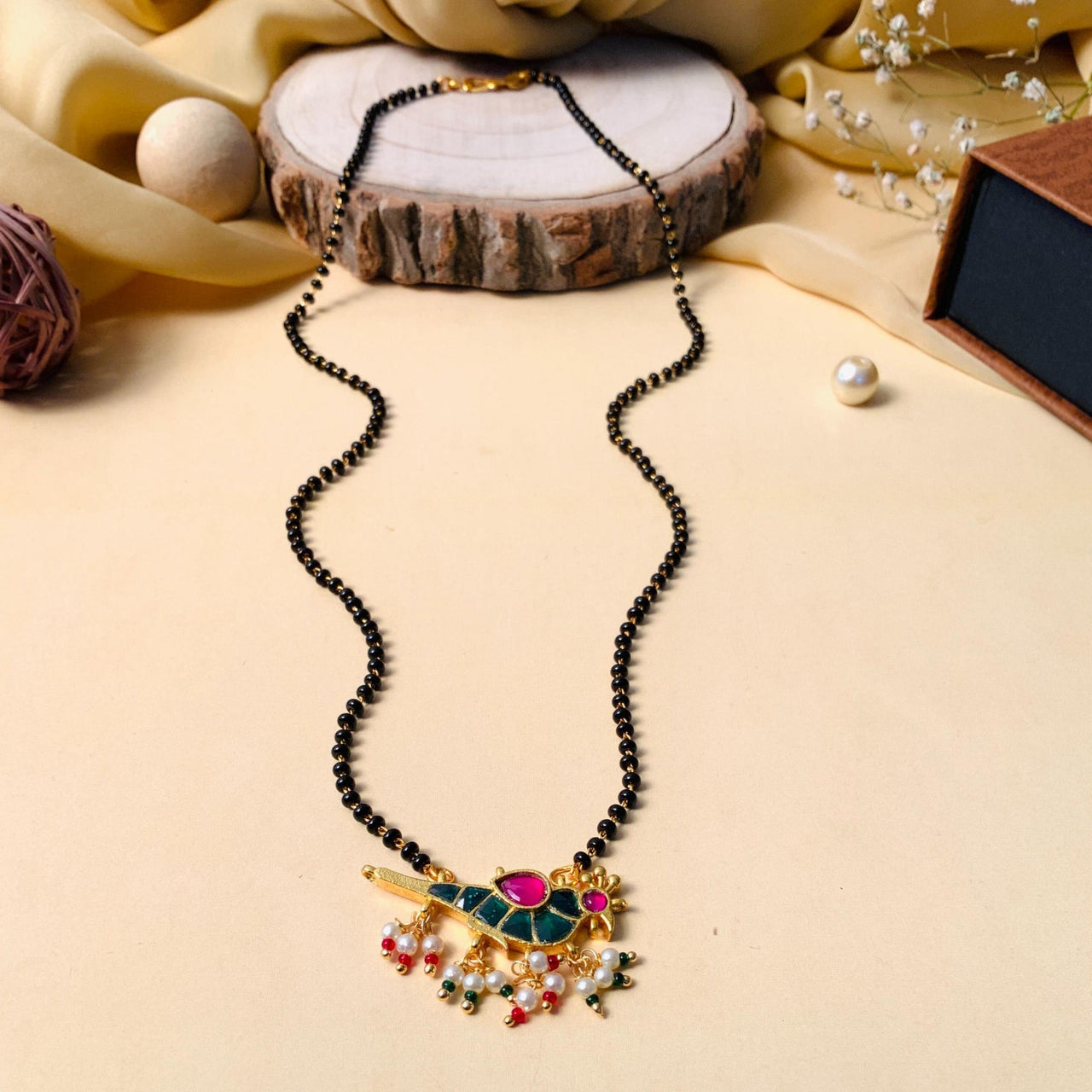 Ethnic Gold Plated Parrot Pachi Kundan Polki Pearl Drop Mangalsutra - Abdesignsjewellery