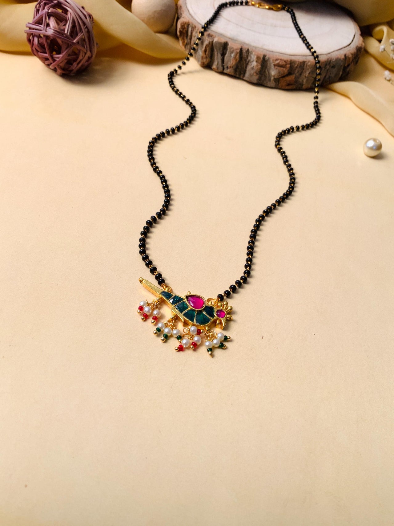 Ethnic Gold Plated Parrot Pachi Kundan Polki Pearl Drop Mangalsutra - Abdesignsjewellery