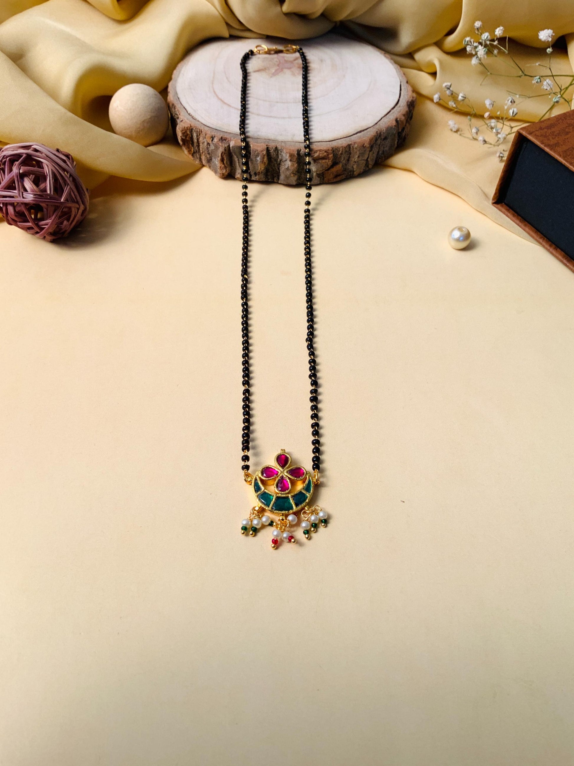 Floral Handmade Multicolour Pachi Kundan & Pearl Drops Mangalsutra - Abdesignsjewellery