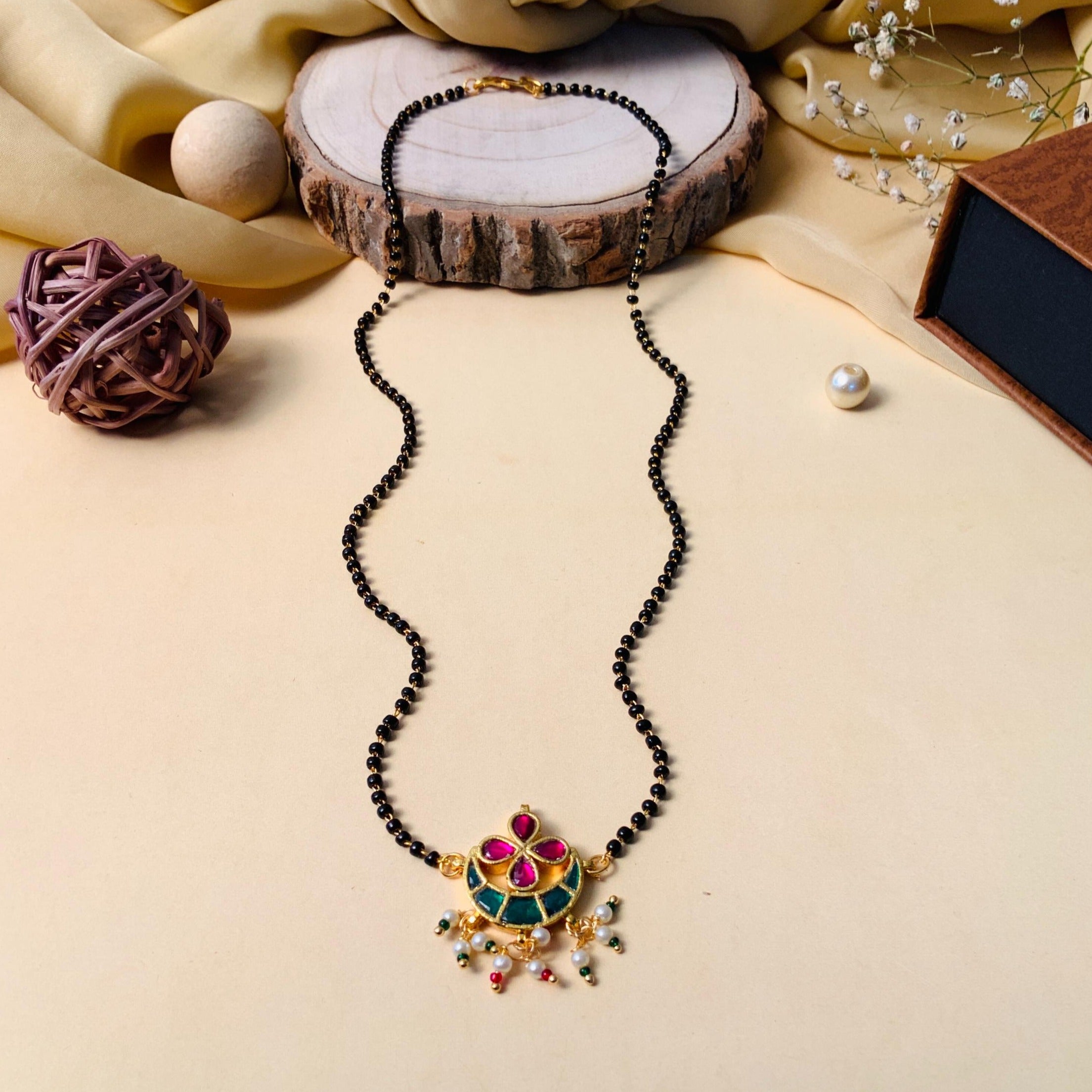 Floral Handmade Multicolour Pachi Kundan & Pearl Drops Mangalsutra - Abdesignsjewellery