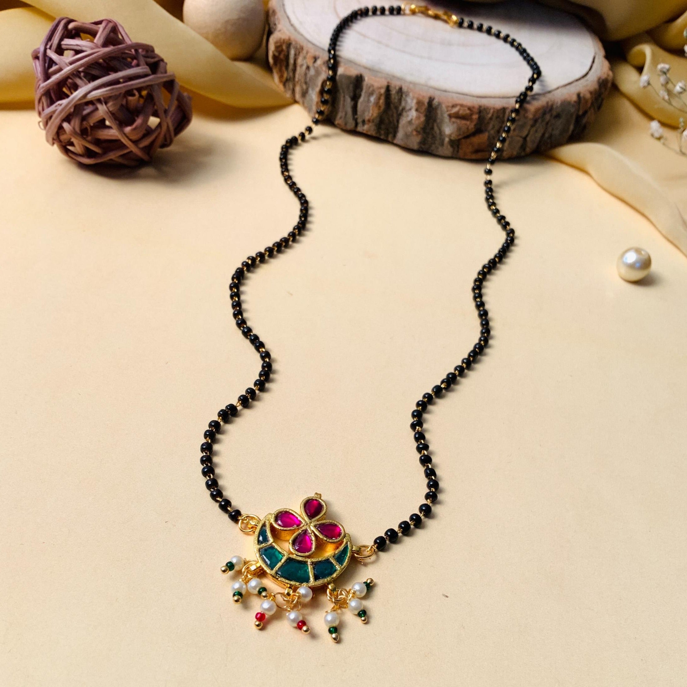 Floral Handmade Multicolour Pachi Kundan & Pearl Drops Mangalsutra - Abdesignsjewellery