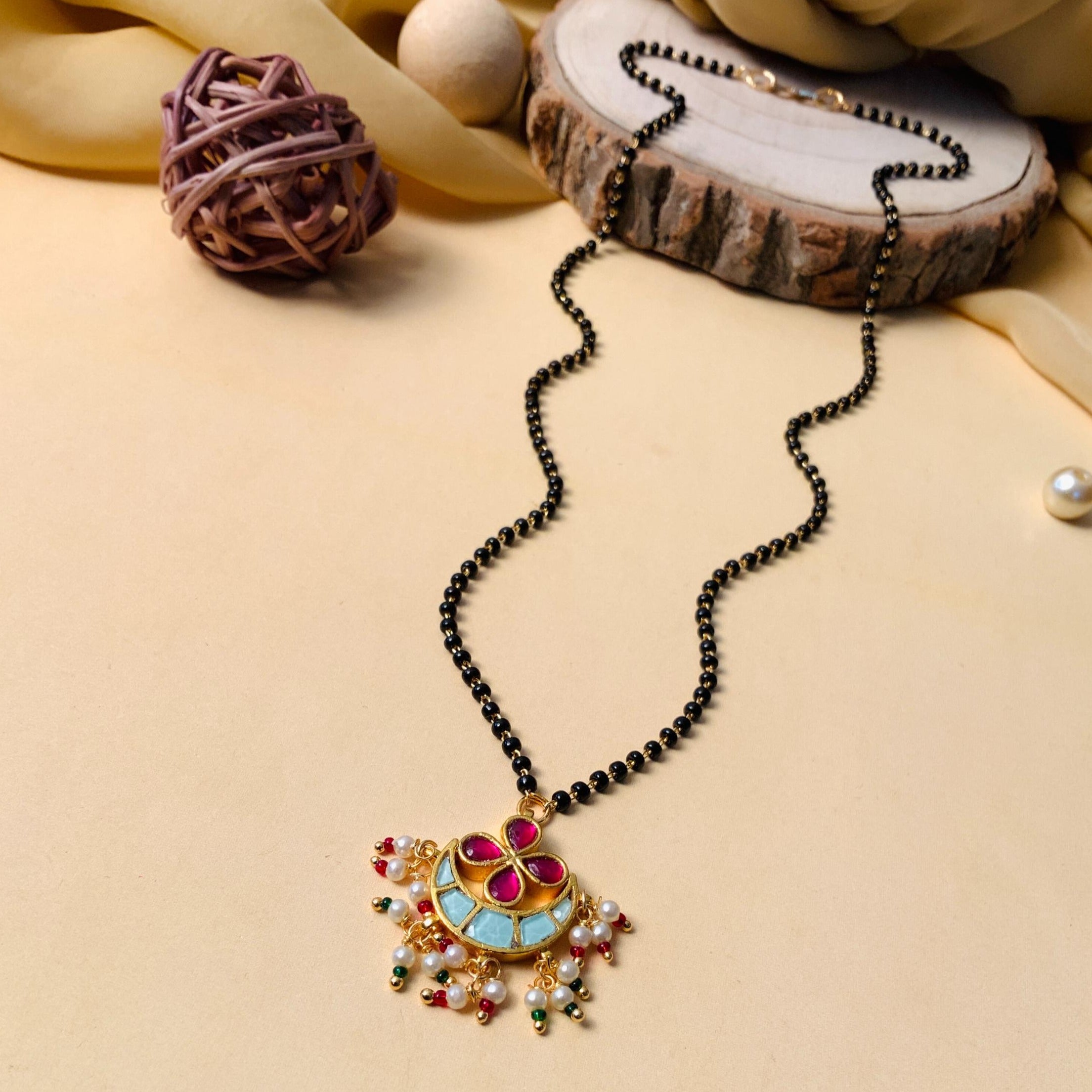 Floral Handmade Multicolour Pachi Kundan & Pearl Drops Mangalsutra - Abdesignsjewellery