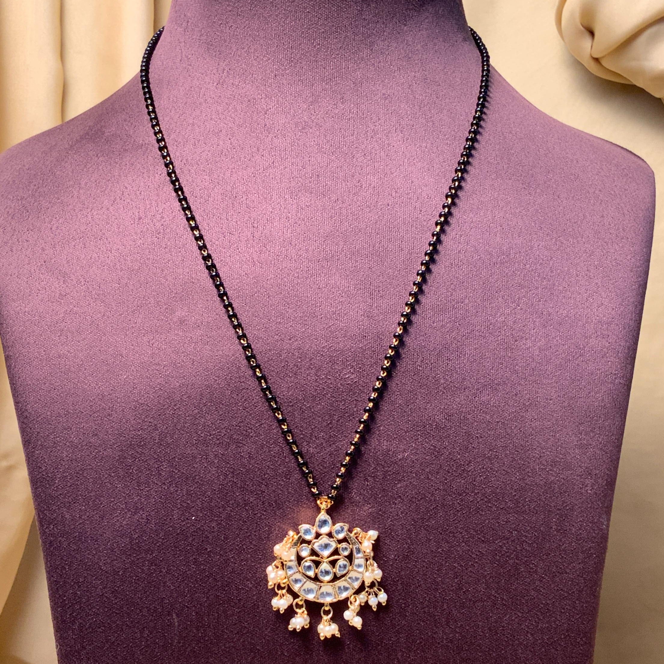 Gold Plated Semi Precious Pachi Kundan Pearl Drops Mangalsutra - Abdesignsjewellery