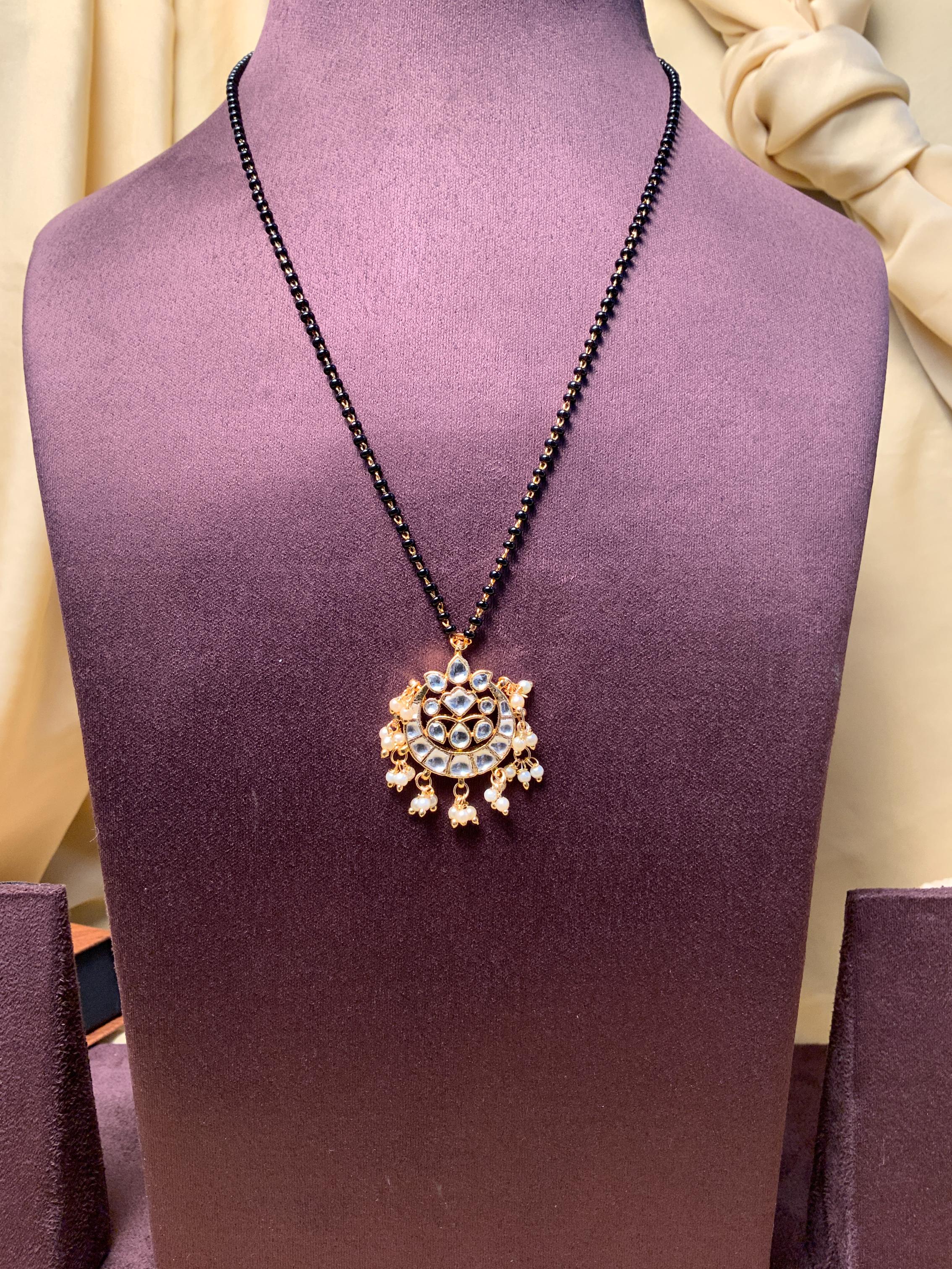 Gold Plated Semi Precious Pachi Kundan Pearl Drops Mangalsutra - Abdesignsjewellery