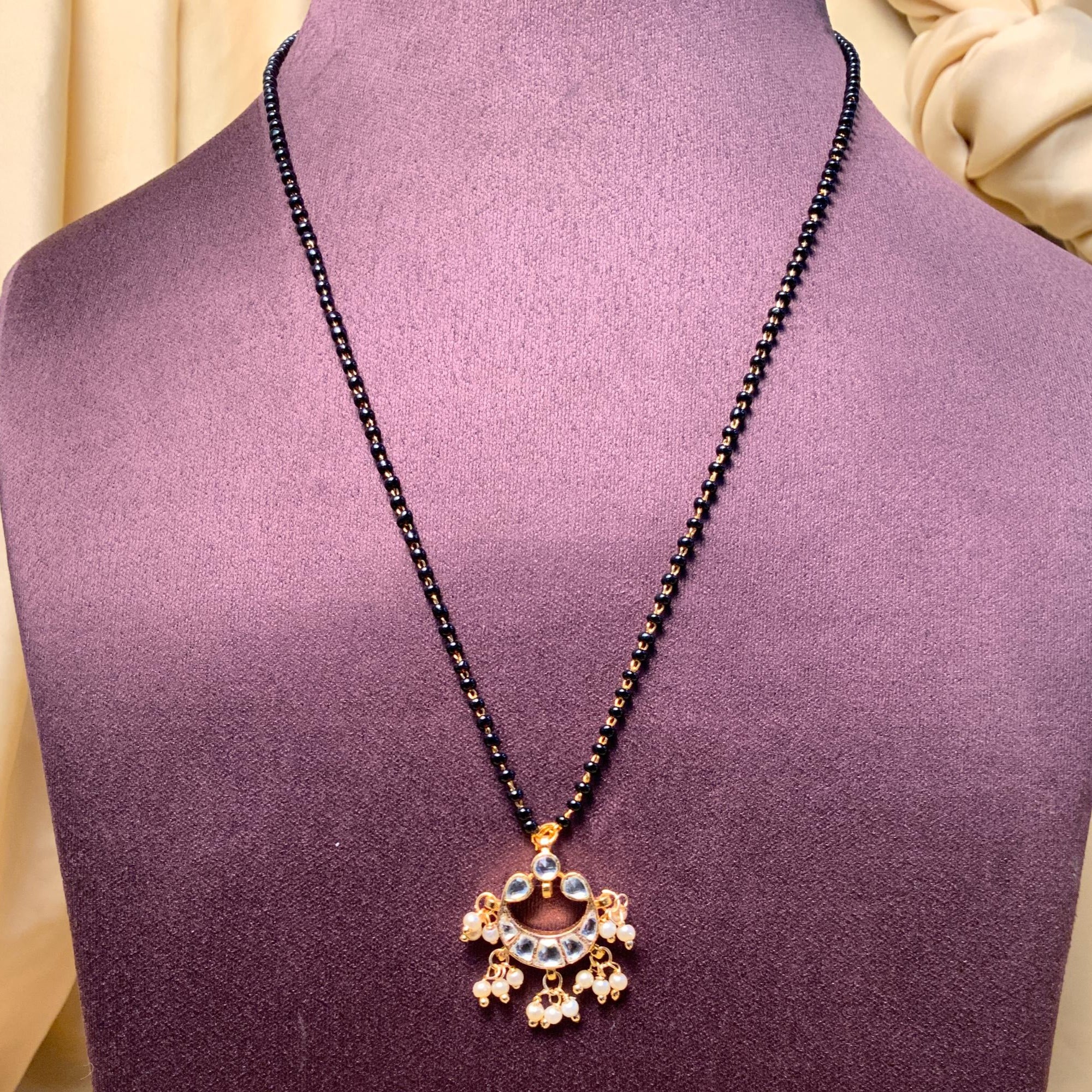 Appealing Gold Plated White Pachi Kundan Pearl Drops Mangalsutra - Abdesignsjewellery