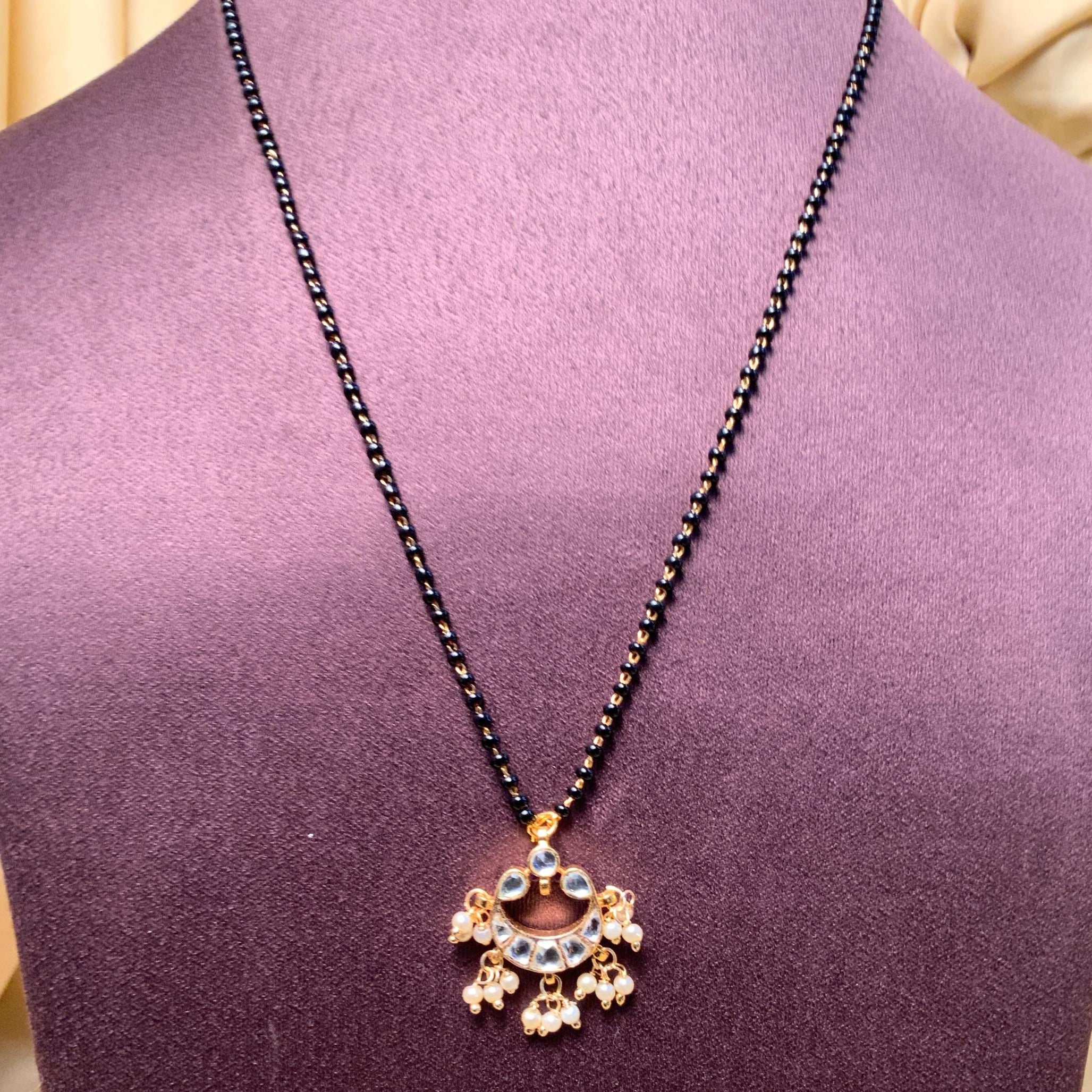 Appealing Gold Plated White Pachi Kundan Pearl Drops Mangalsutra - Abdesignsjewellery