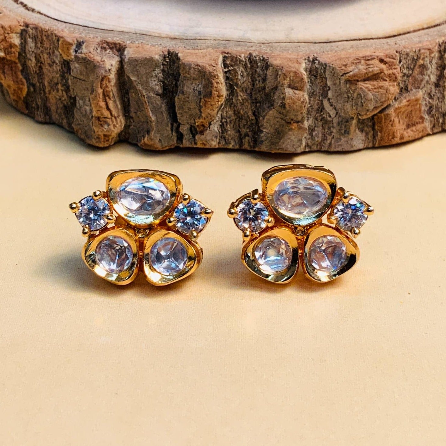Gold Plated Kundan Polki Stud Earrings - Abdesignsjewellery