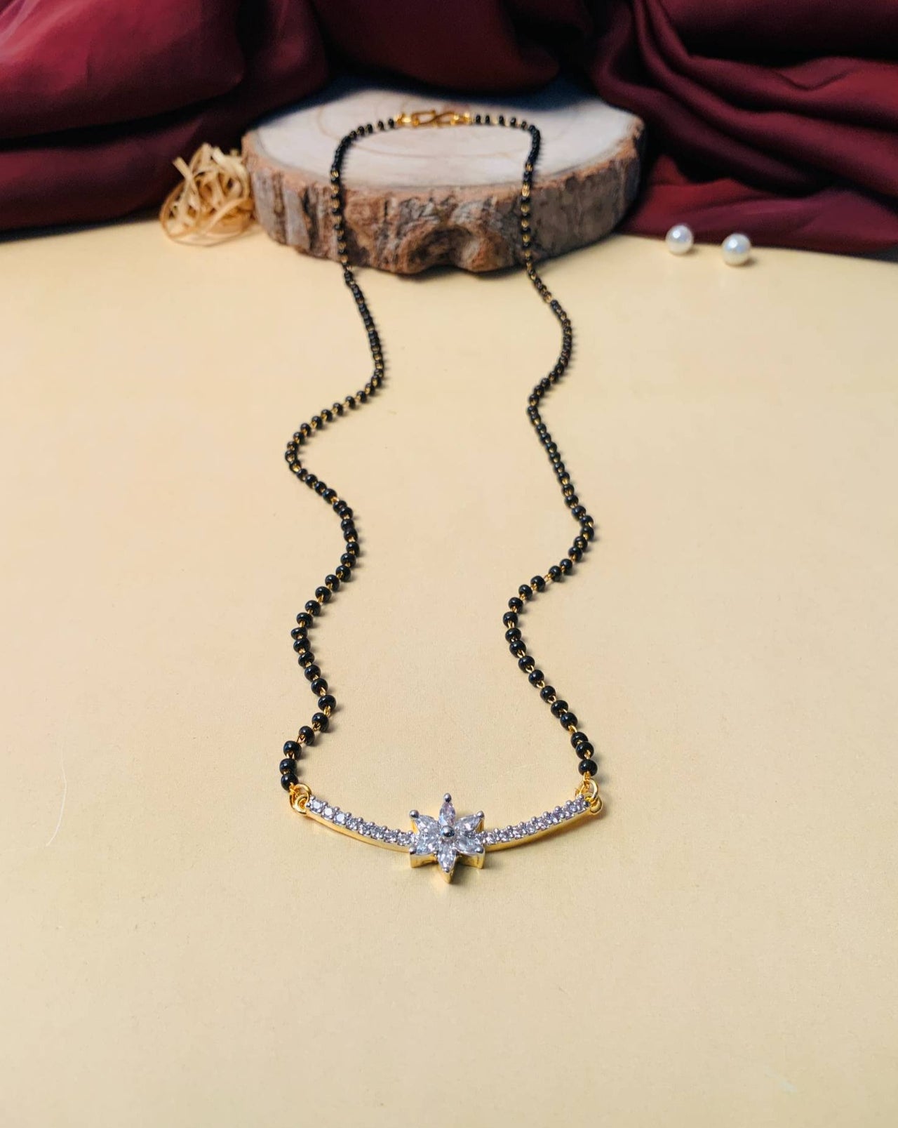 Elegant Gold Plated V-Shape American Diamond Flower Mangalsutra - Abdesignsjewellery