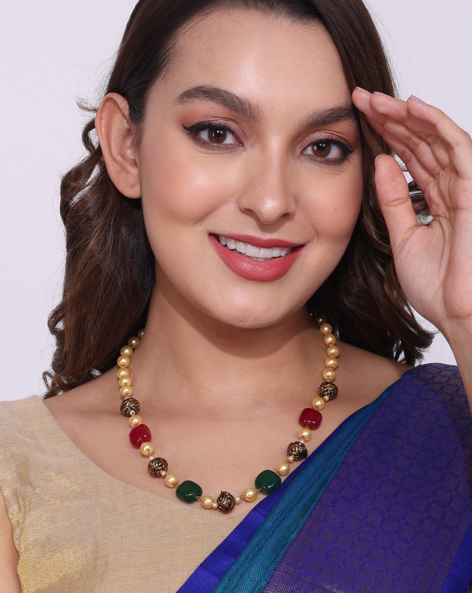 Ruby Emerald Golden Jaipuri Beads Pearls Mala