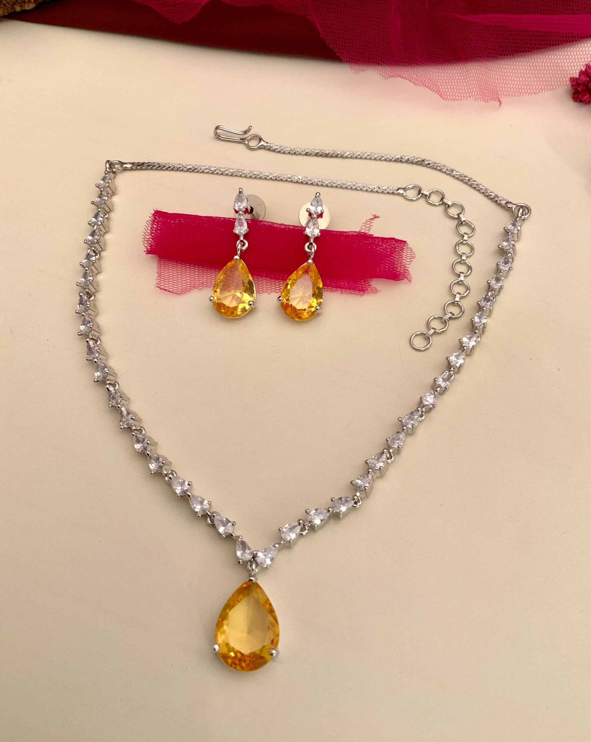 Silver Plated Drop American Diamond Necklace Set