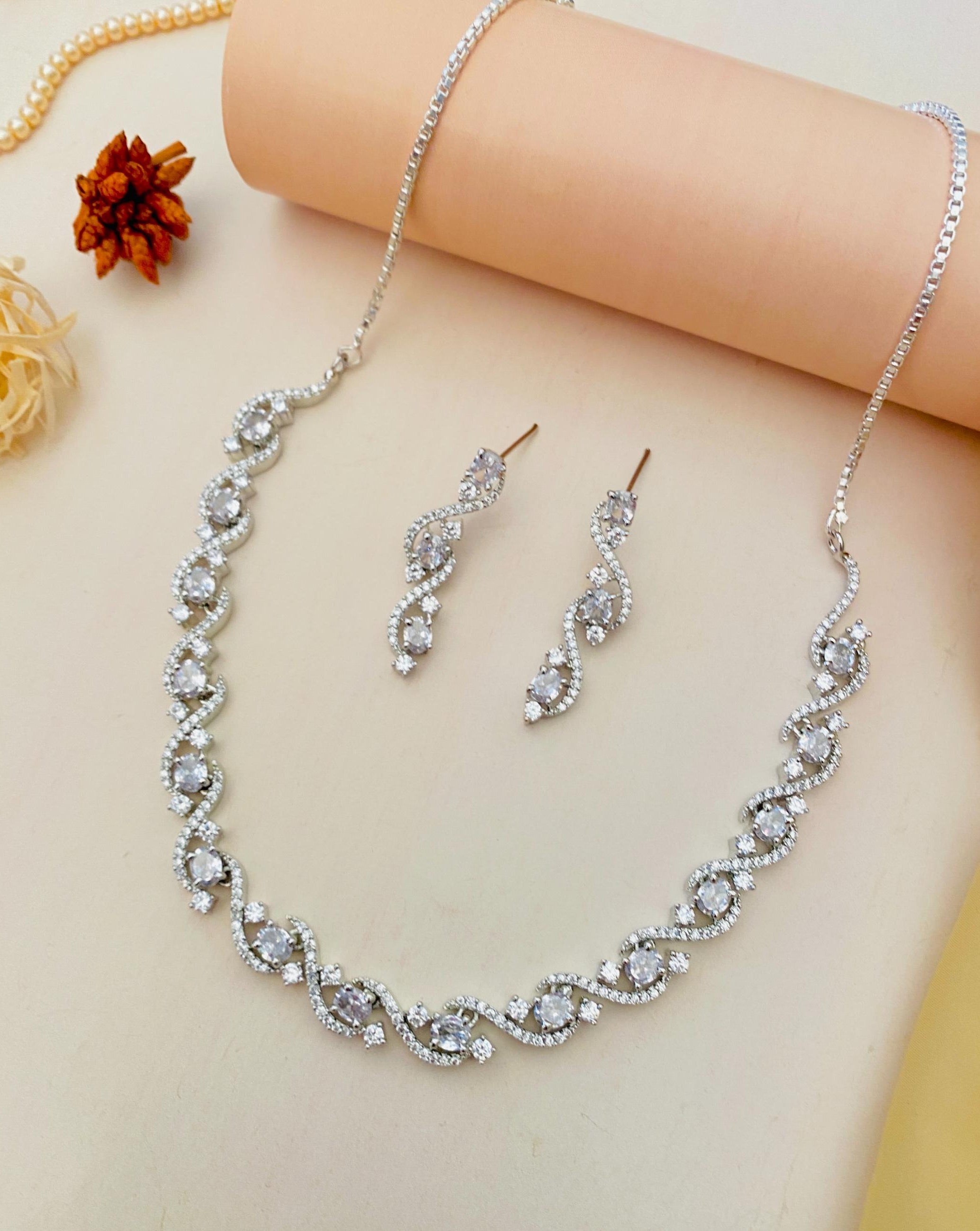 High Quality Silver Plated American Diamond Necklace Set