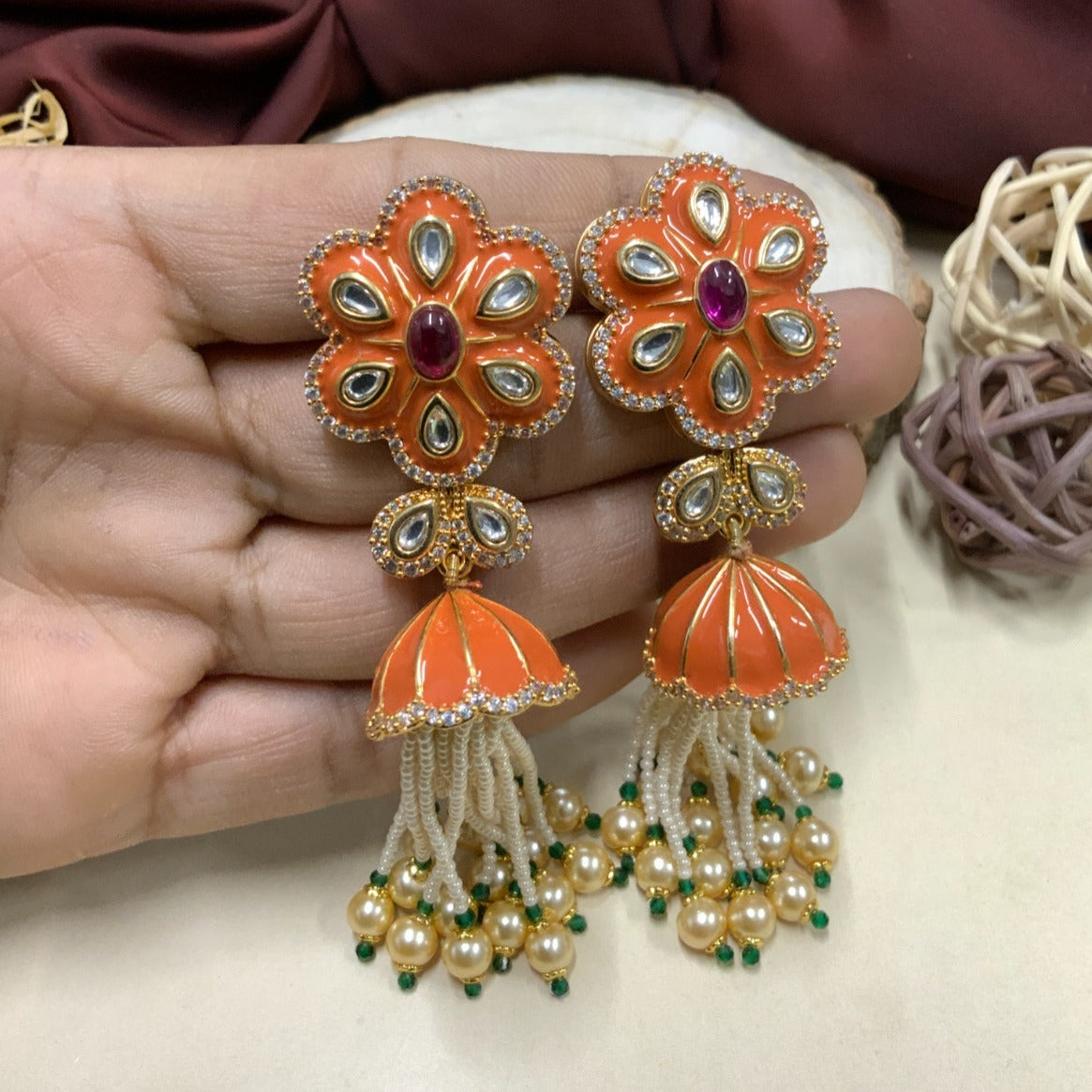 Meenakari Hanging Pearl Drop Earrings