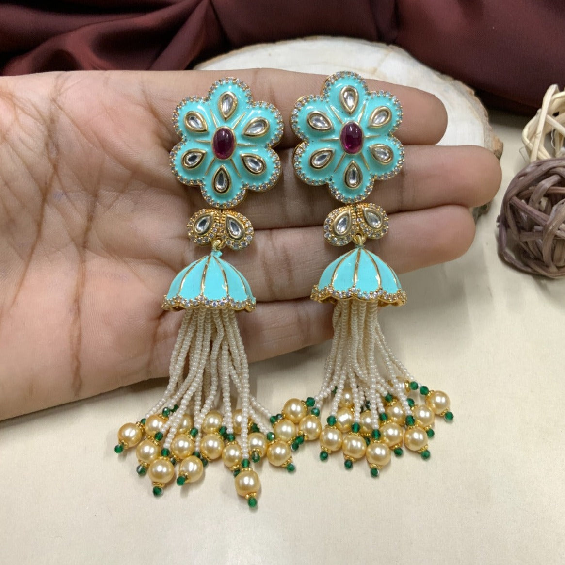 Meenakari Hanging Pearl Drop Earrings