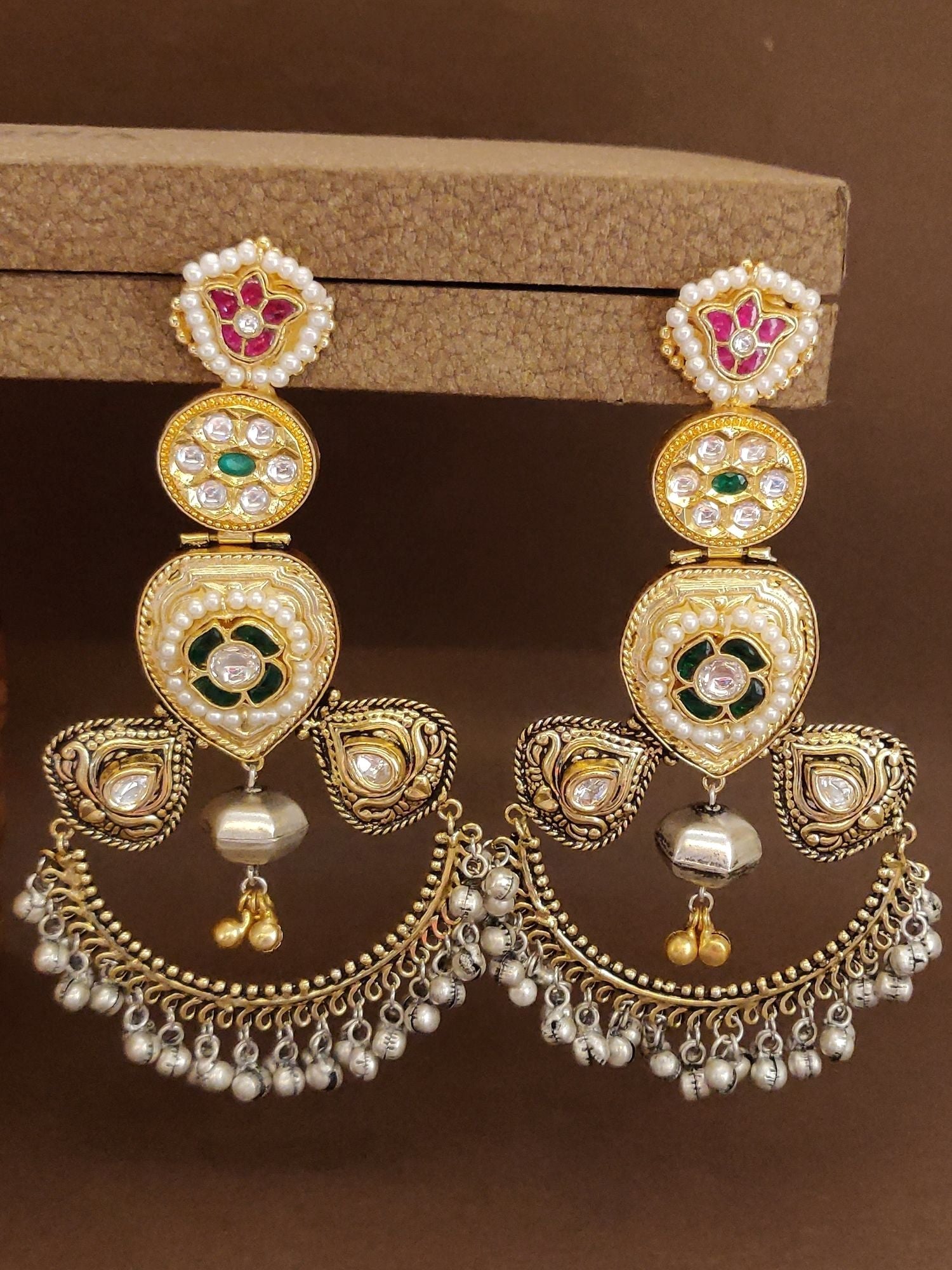 Abdesignsjewellery dual tone Chandbali earrings with pearl and green stone embellishments