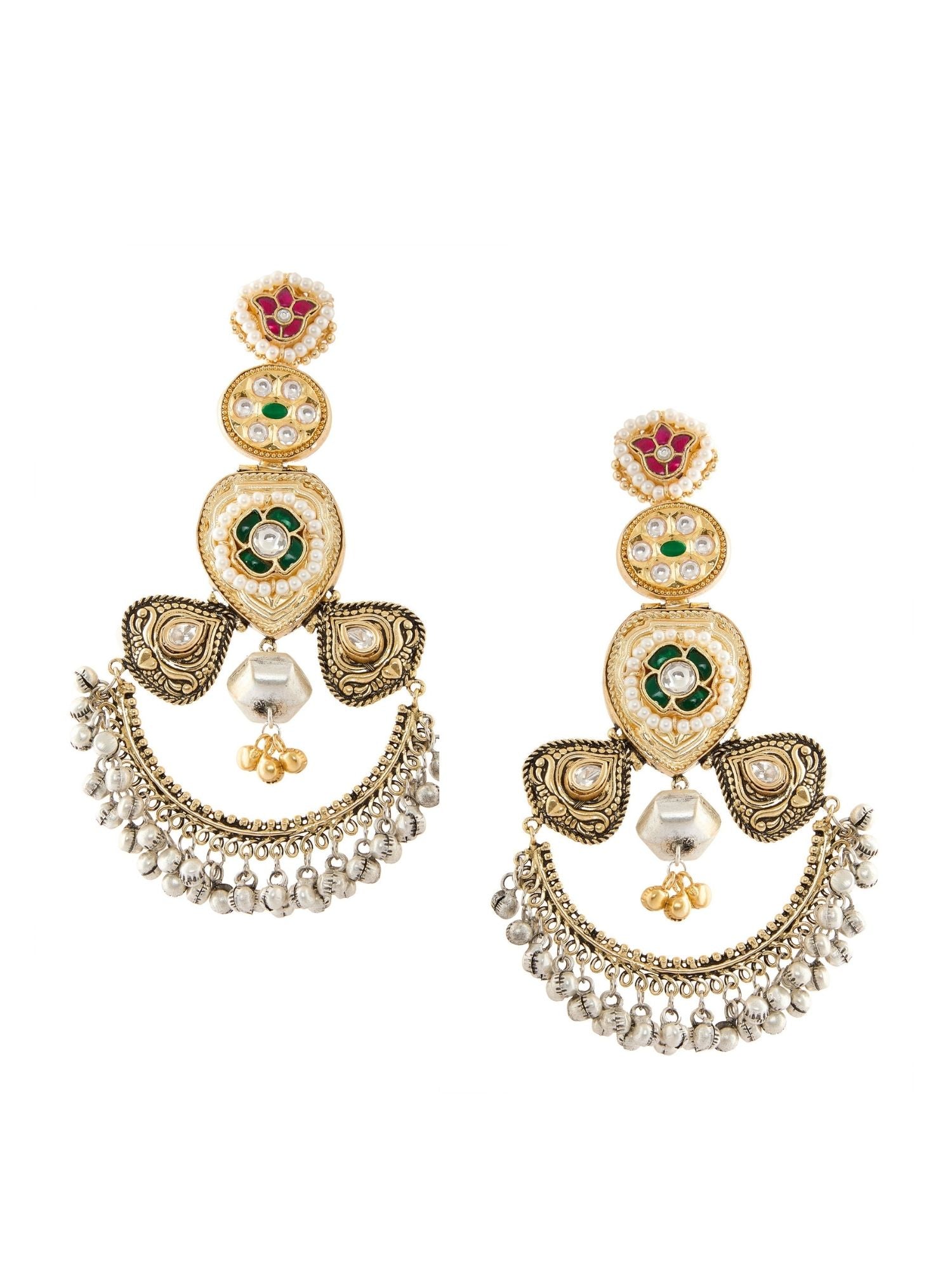 Abdesignsjewellery dual tone Chandbali earrings with intricate detailing and pearl accents