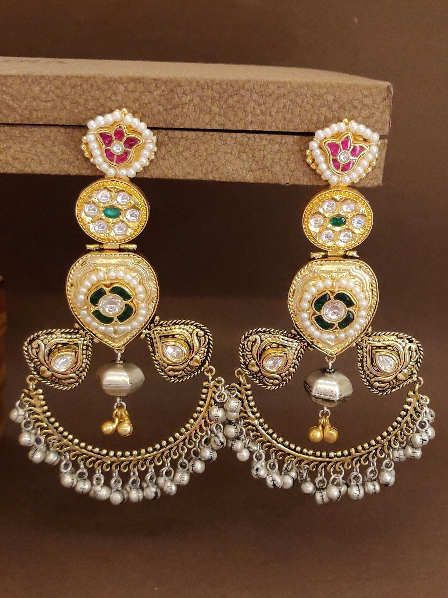 Abdesignsjewellery dual tone Chandbali earrings with pearl and gemstone embellishments