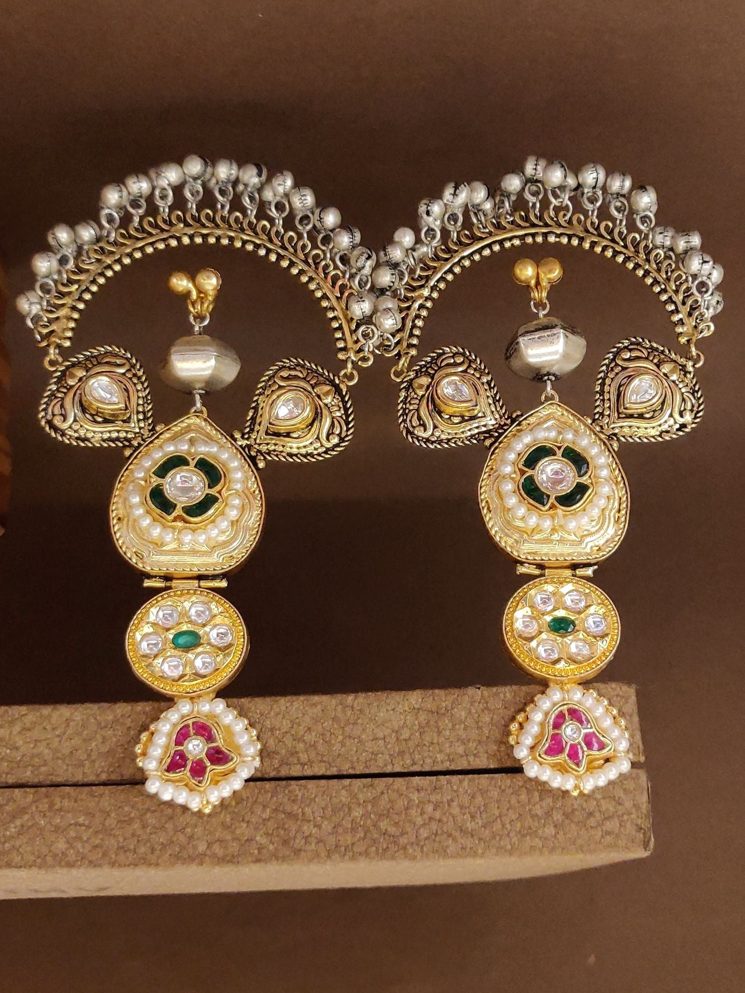 Abdesignsjewellery dual tone Chandbali earrings with intricate pearl and gemstone detailing