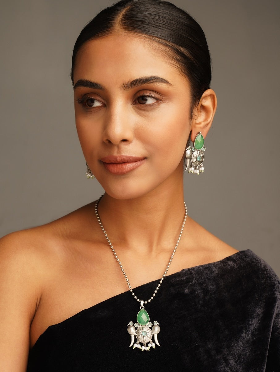 Abdesignsjewellery German Silver Plated Necklace Set with green stone pendant and matching earrings