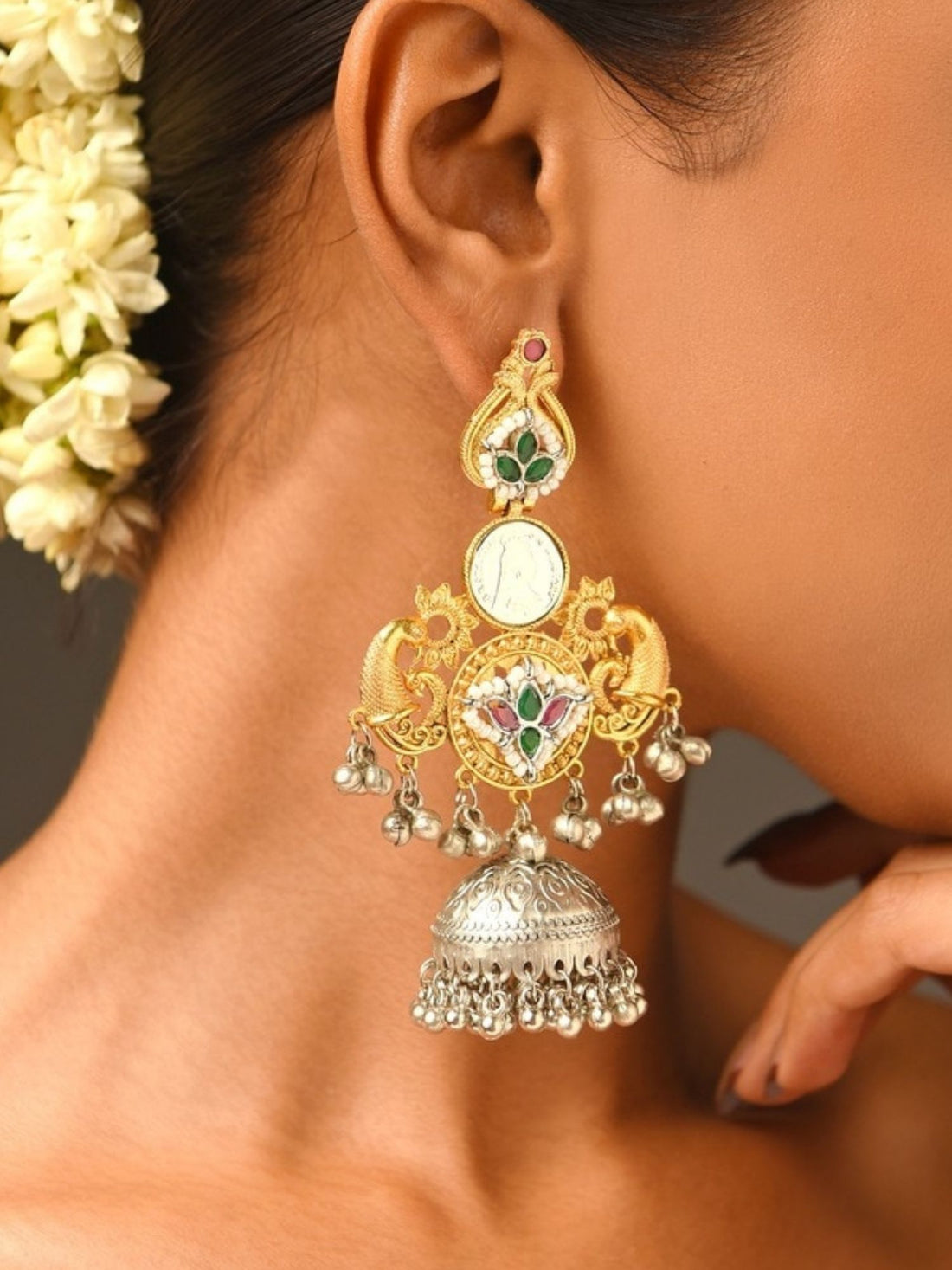 Abdesigns Jewellery Traditional Earrings with Jhumka Design worn by model with floral hair accessory