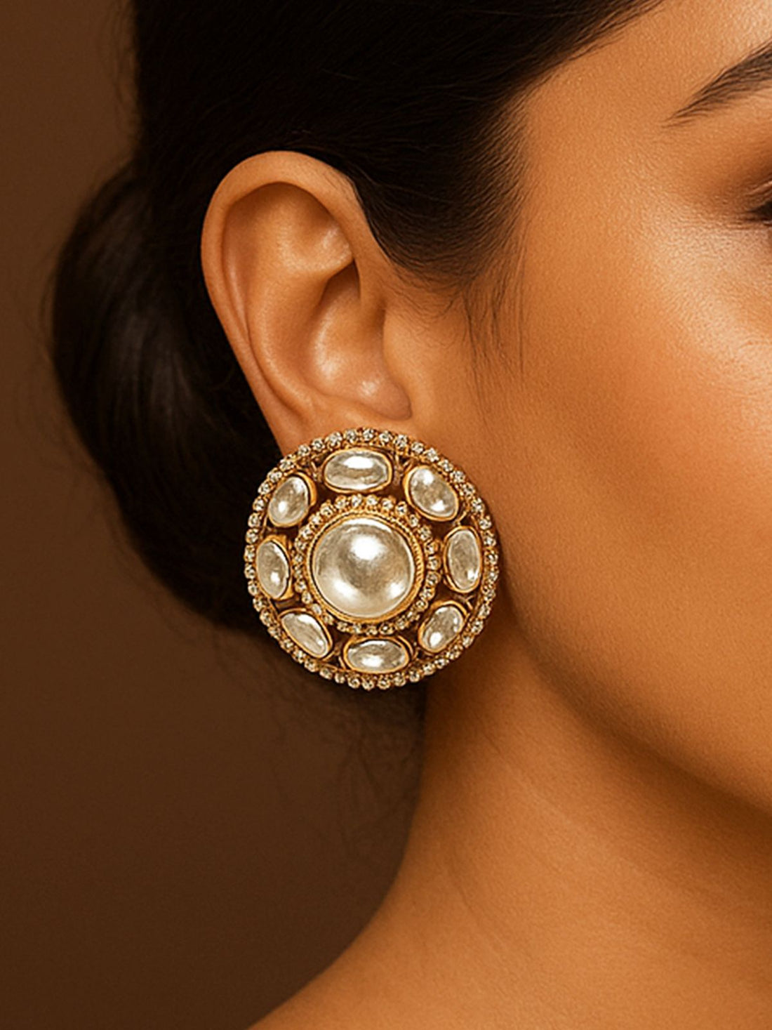 Abdesignsjewellery oversize polki earrings round gold polki and pearl statement stud worn by model in saree