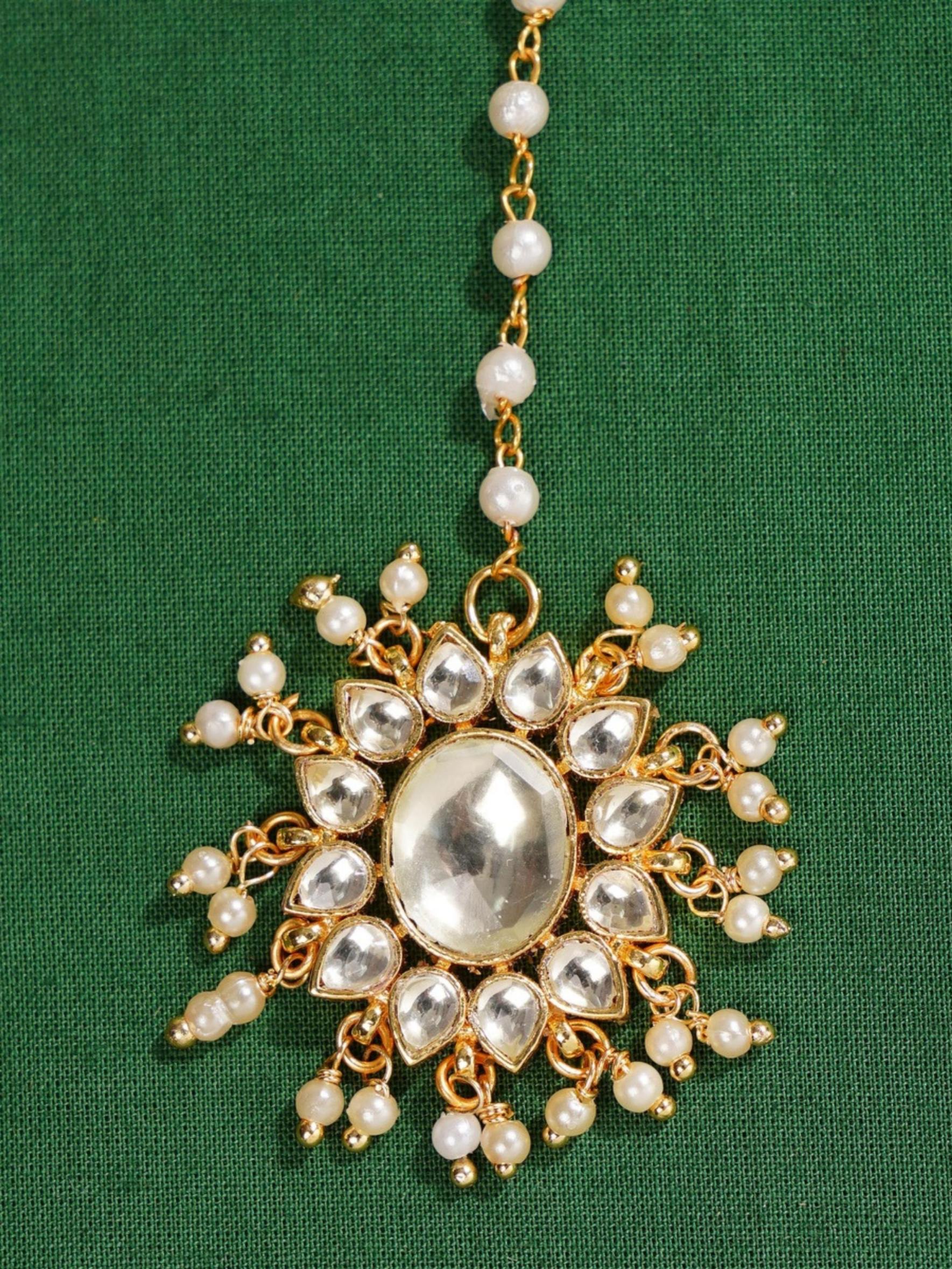 Gold Plated Polki Paachi Kundan Maangtikka with intricate pearl and gemstone design by Abdesignsjewellery