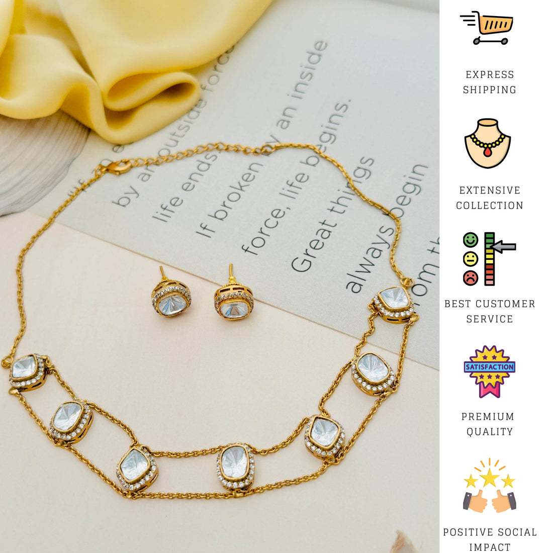 Gold Plated Polki Choker Necklace Set by Abdesignsjewellery worn by woman with matching earrings