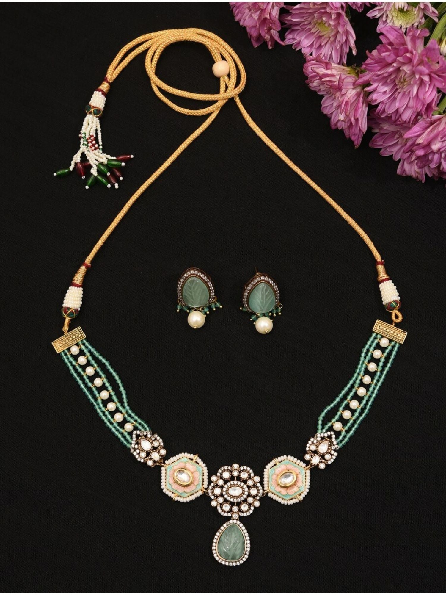 High Quality Gold Plated Victorian Necklace with green beads and matching earrings by Abdesignsjewellery