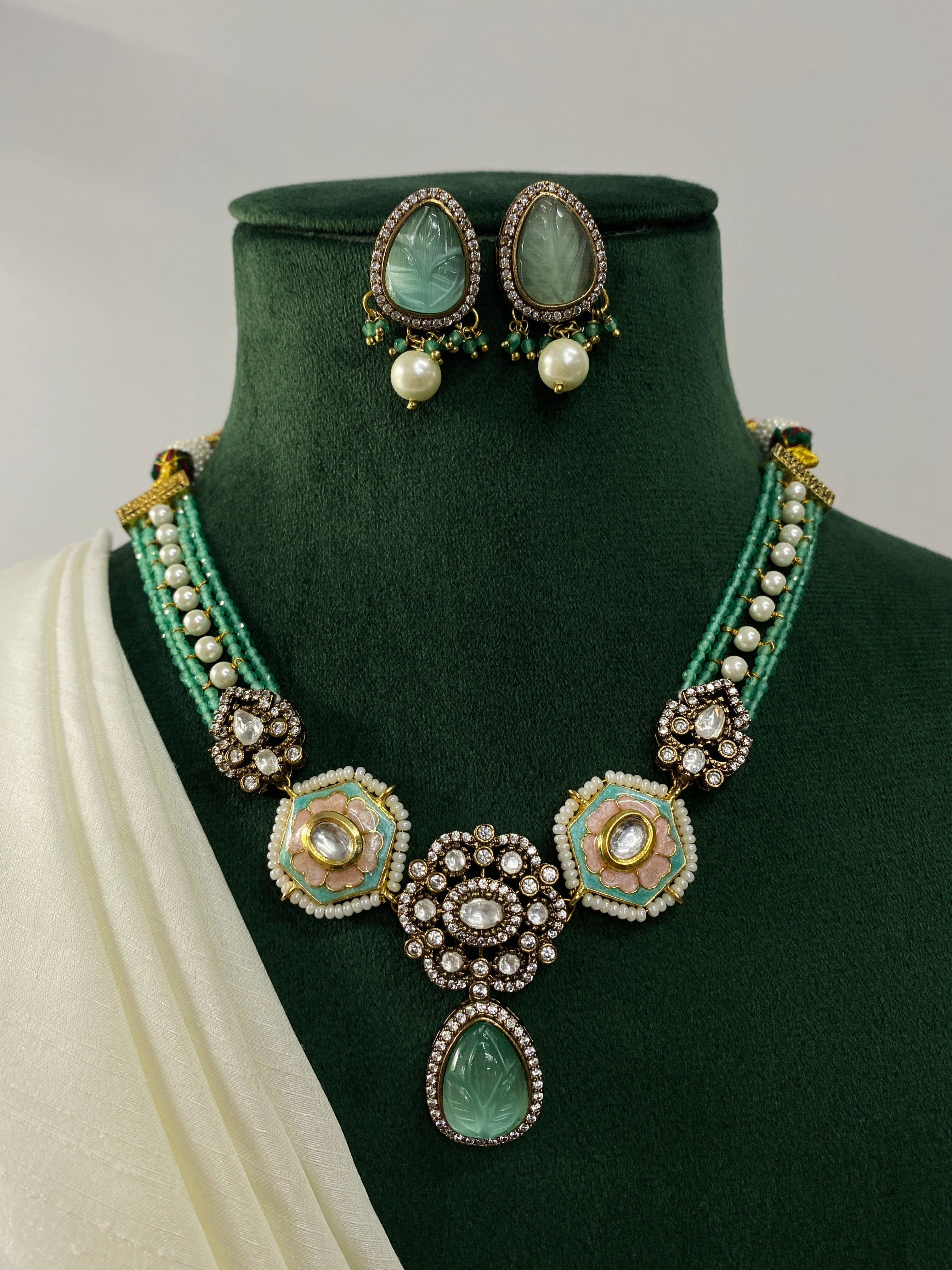High Quality Gold Plated Victorian Necklace with green stones and matching earrings by Abdesignsjewellery