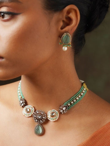 High Quality Gold Plated Victorian Necklace with green stones and pearl accents by Abdesignsjewellery