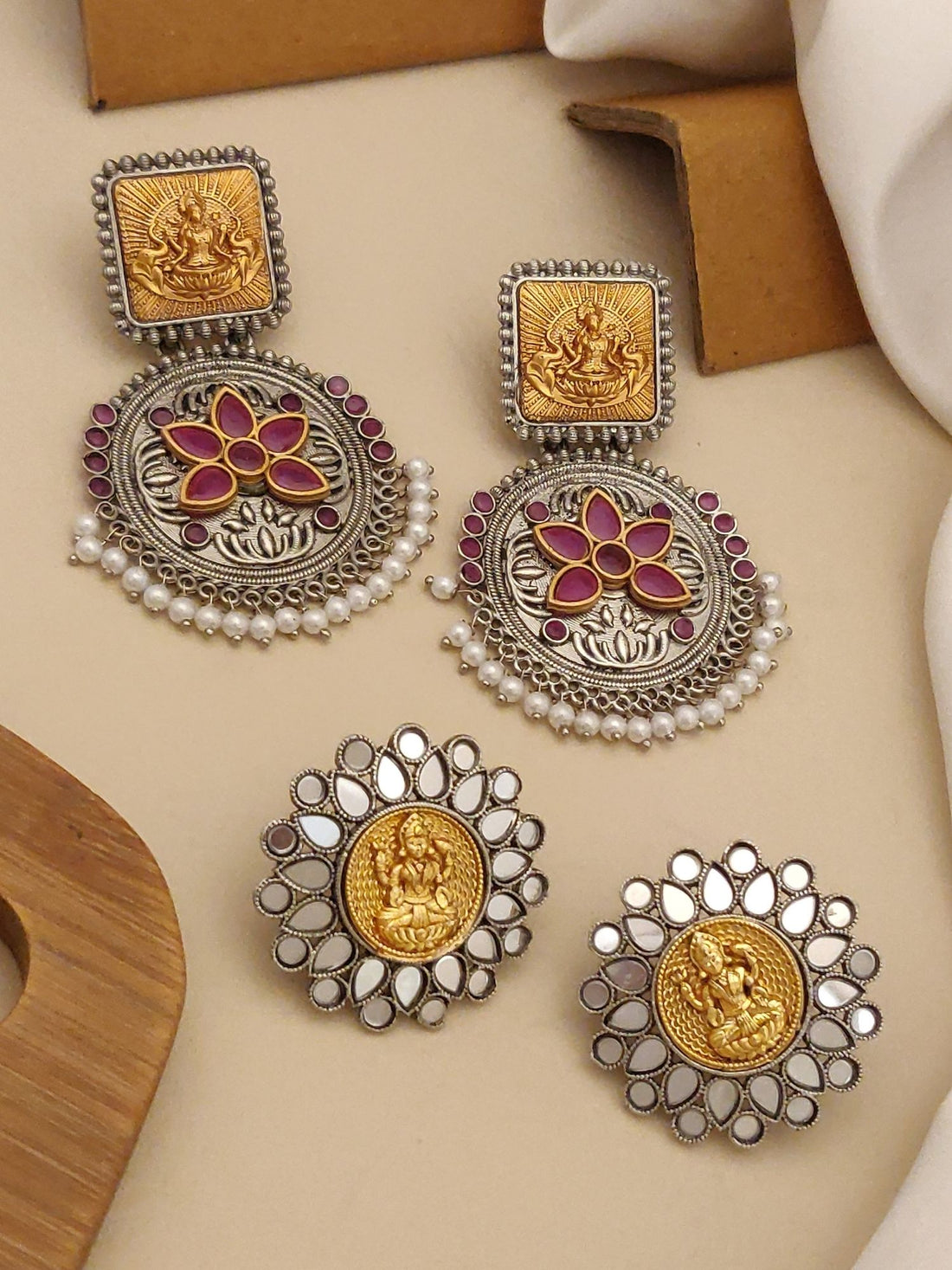 Stylish Set Of 2 German Silver Earring Combo with intricate floral design and gold accents