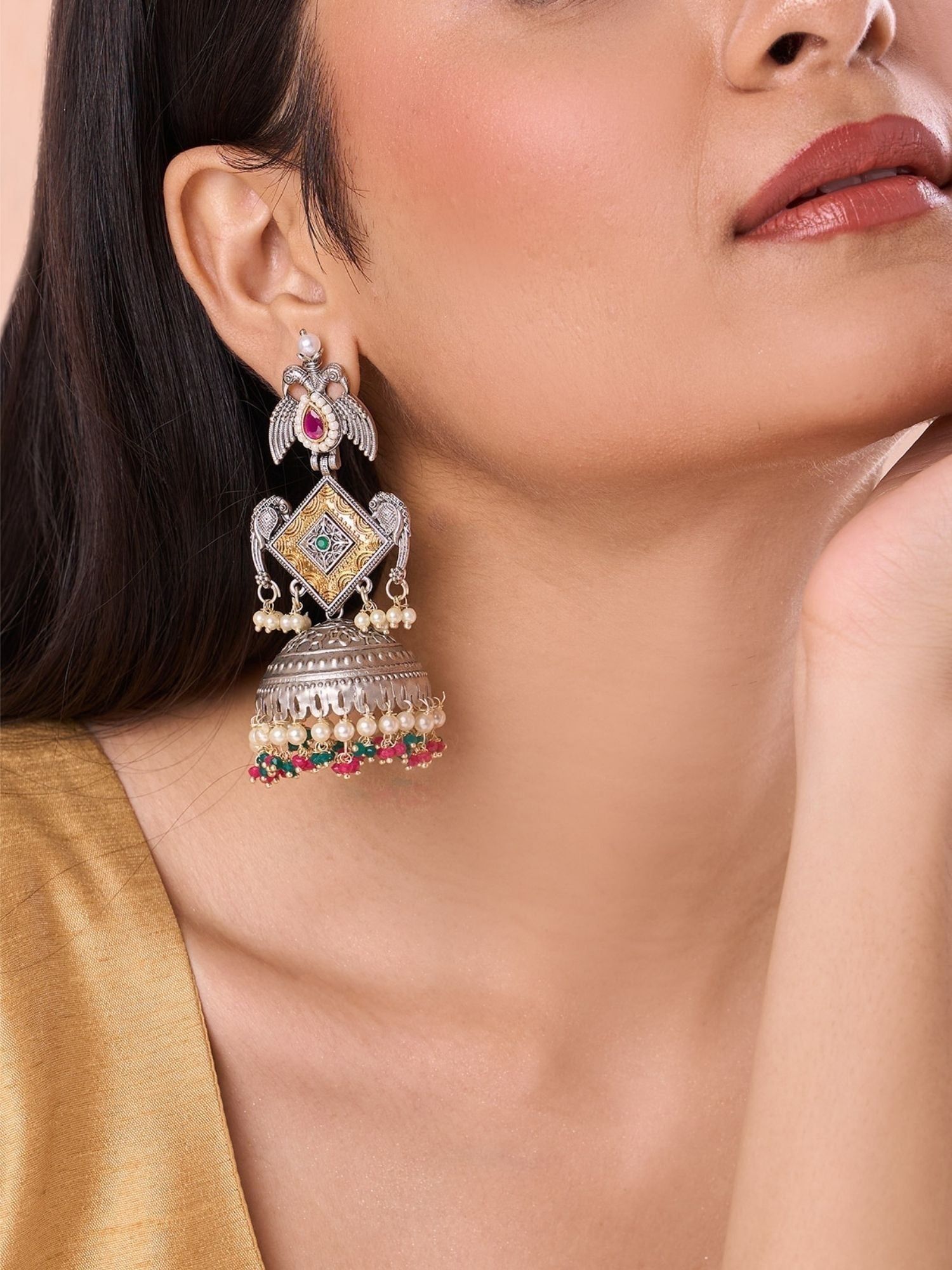 Close-up of Long German Silver Plated Jhumka Earring with intricate design and colorful beads by Abdesignsjewellery