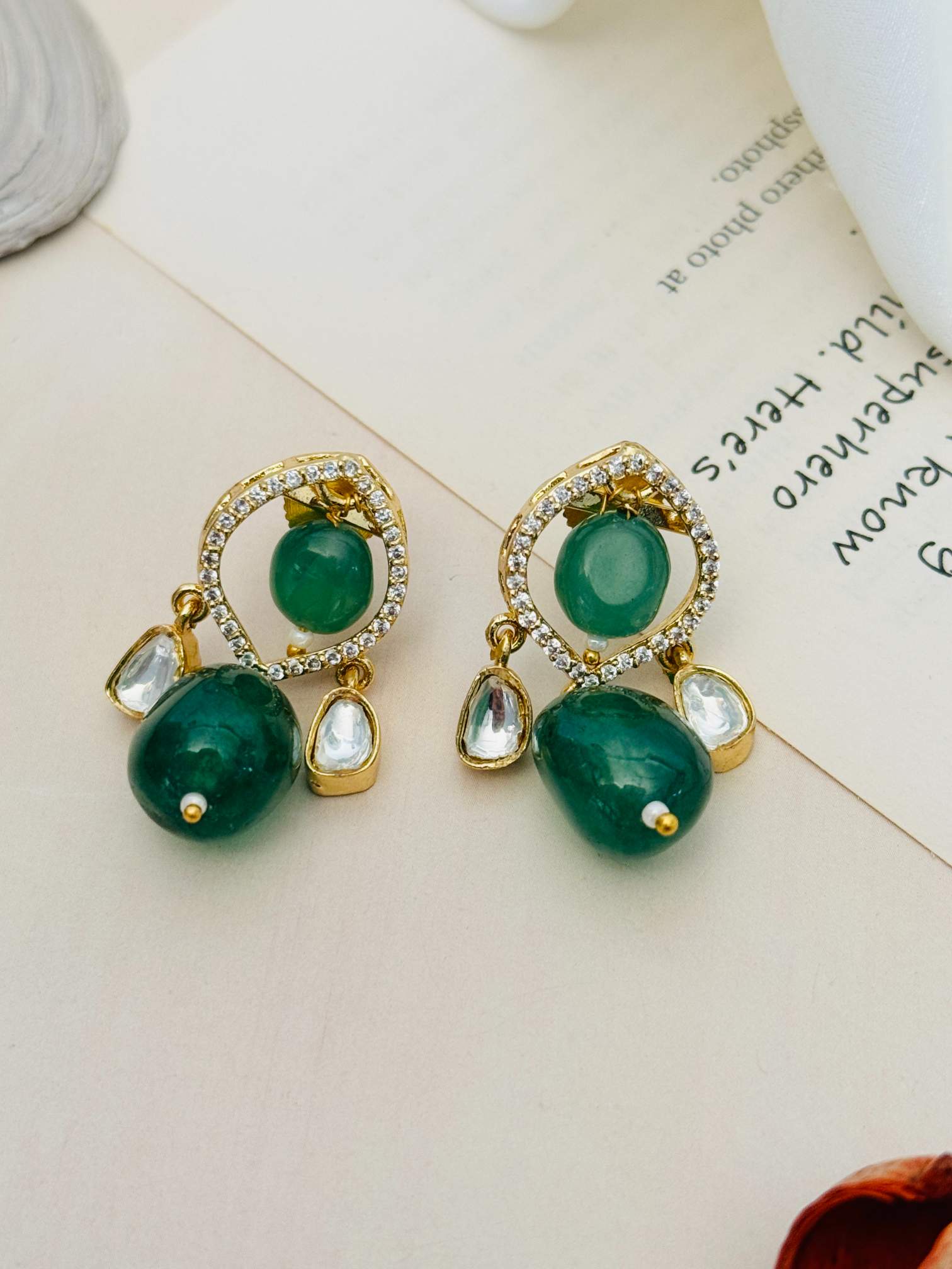 Premium Gold Plated Polki Pendant Set featuring green stones and clear crystals by Abdesignsjewellery